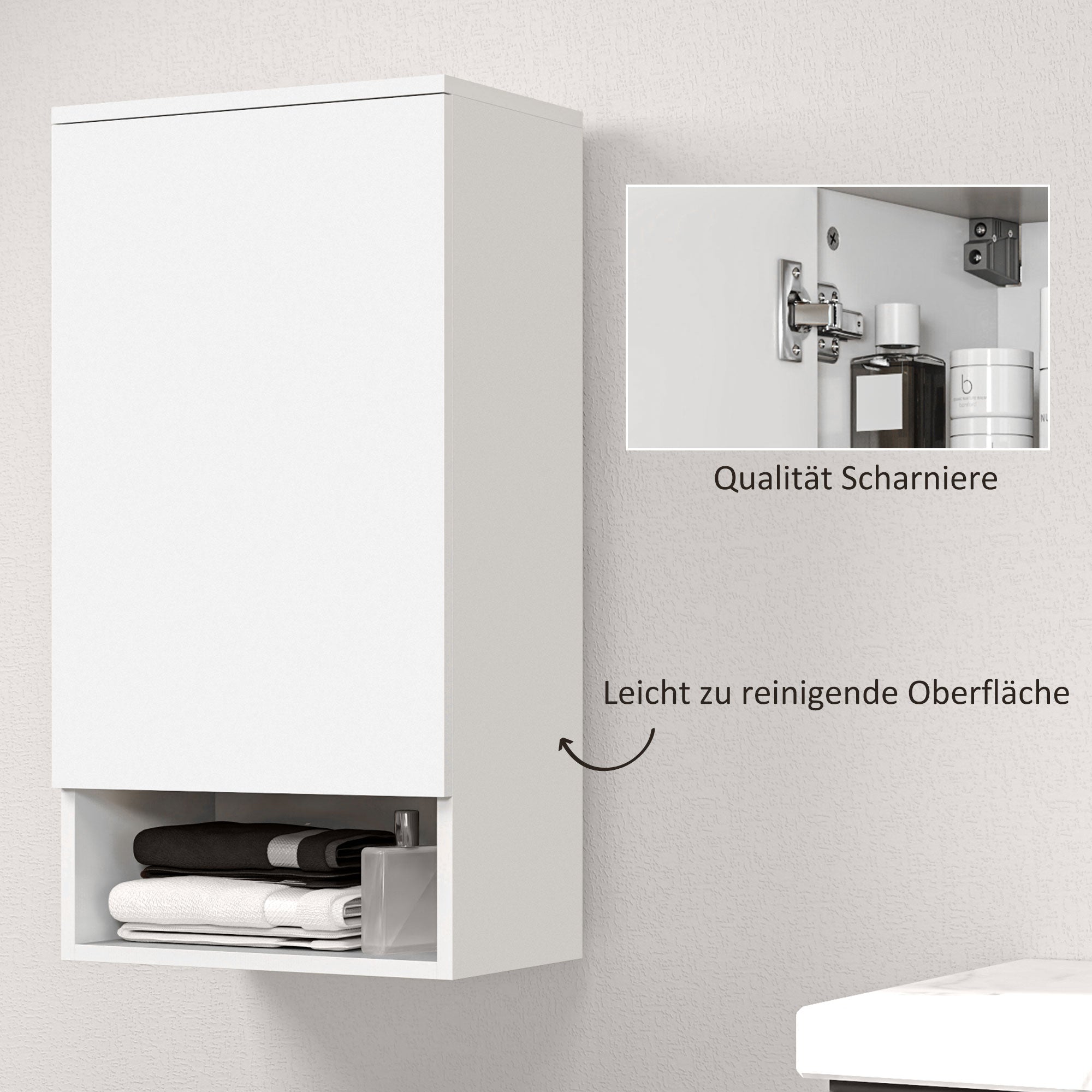 HOMCOM Wandmontierter Badezimmerschrank, Wandschrank für Badezimmer mit verstellbaren Ablagen, offenem Fach, Holz, Weiß