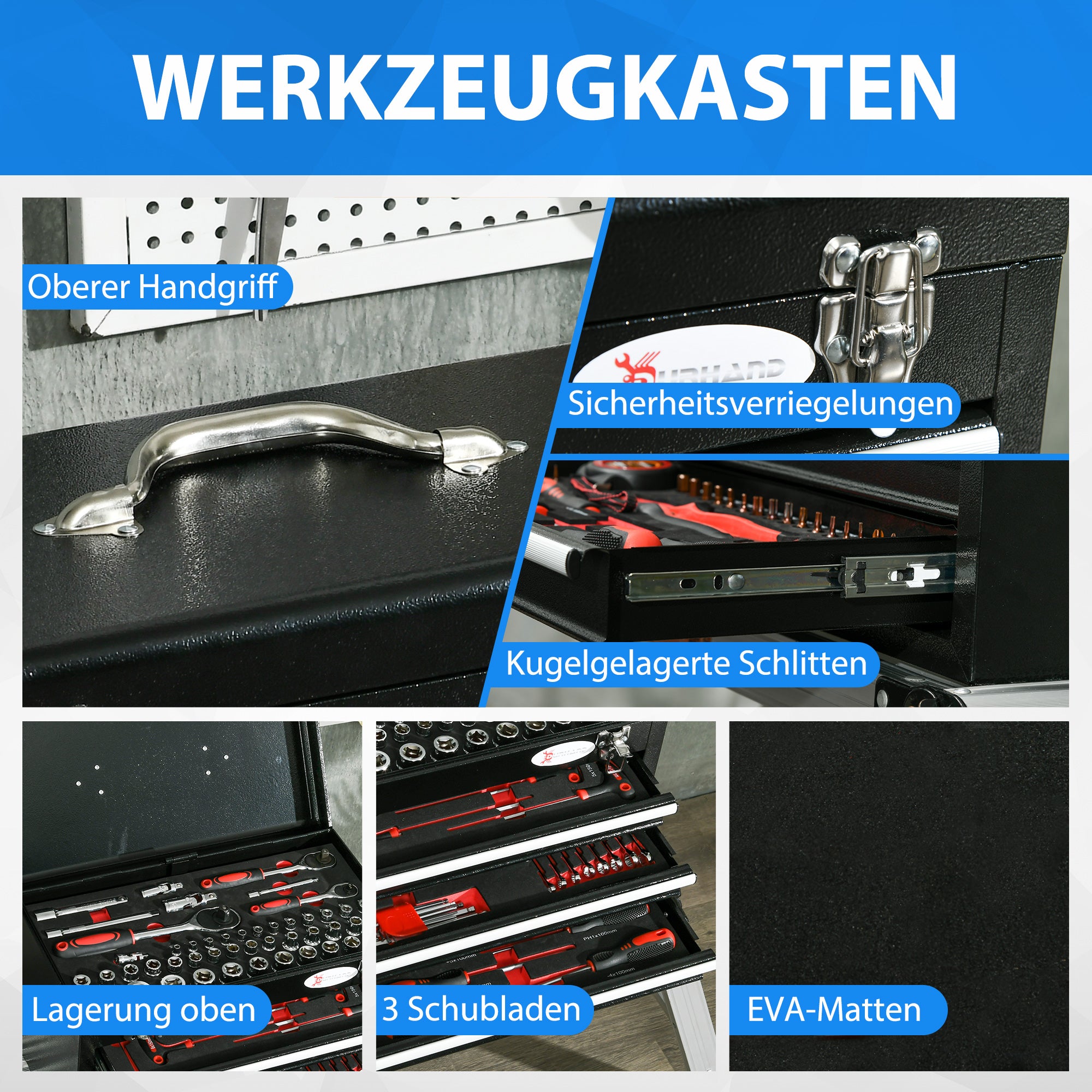 DURHAND Werkzeugkiste mit 116-teiligem Werkzeugset, mobil, verschließbar, Stahlgehäuse, 45 x 24 x 27 cm, Schwarz