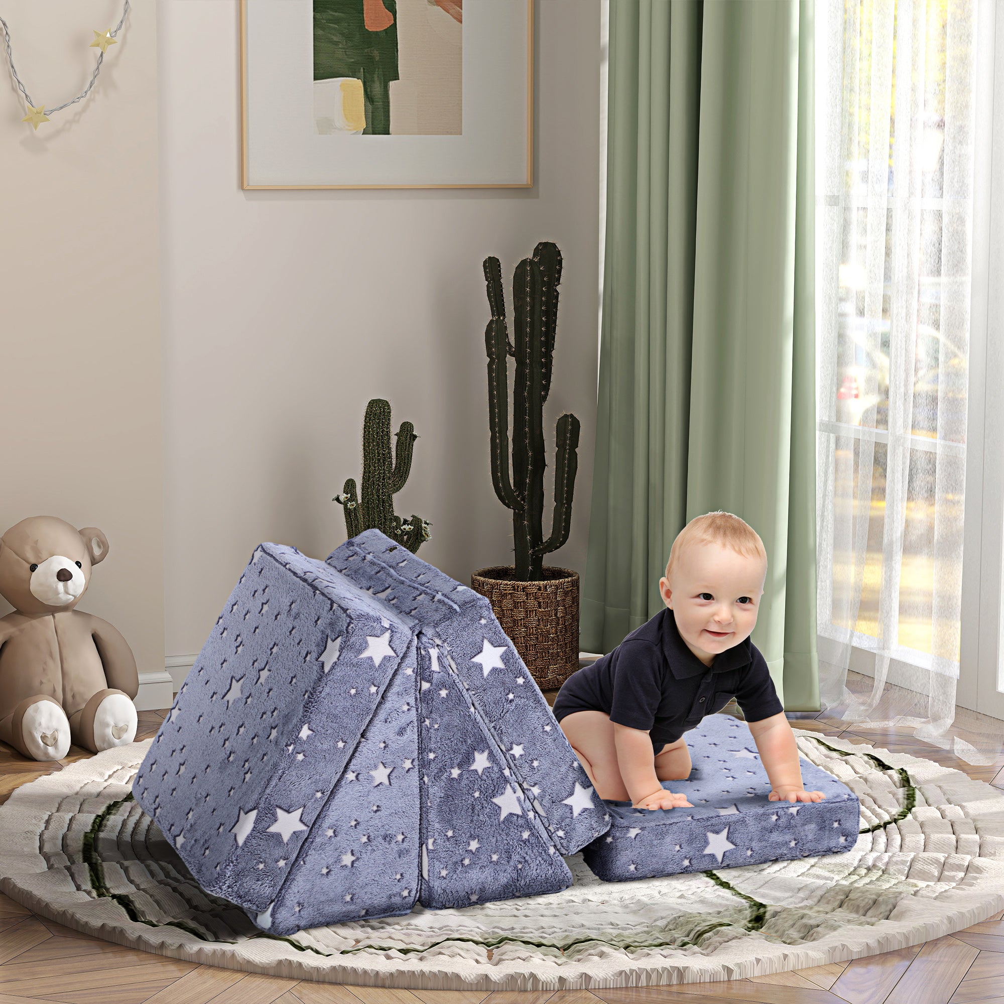 AIYAPLAY Modulares Spielsofa-Set für Kinder, 5-teilig, Treppe, Matratze, Pony- und Sternenmuster, leuchtet im Dunkeln, Grau
