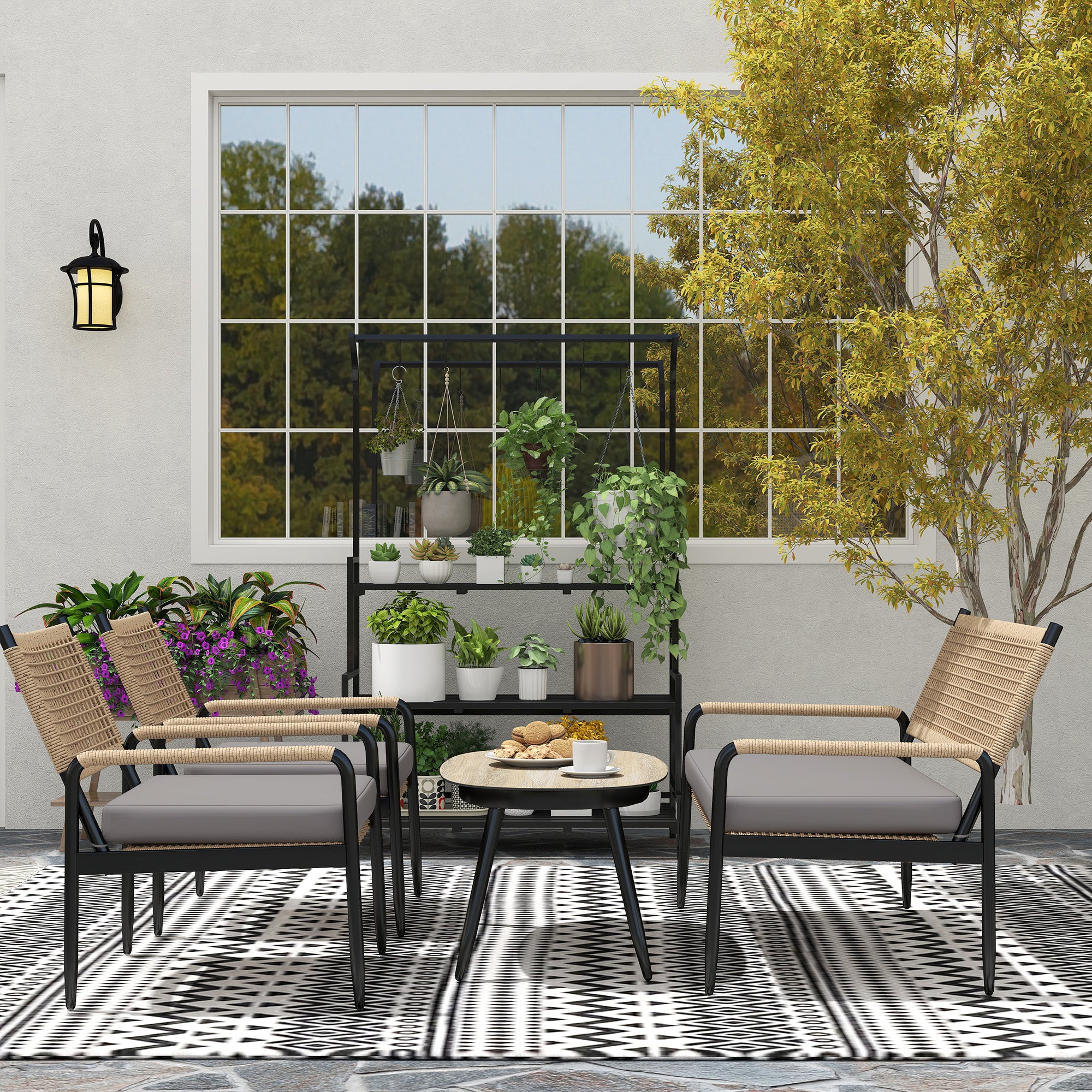 Outsunny Gartenmöbel Set aus Polyrattan Lounge-Set mit 2er Sofa Sessel Glastisch Kissen für 4 Personen Dunkelgrau+Gelb