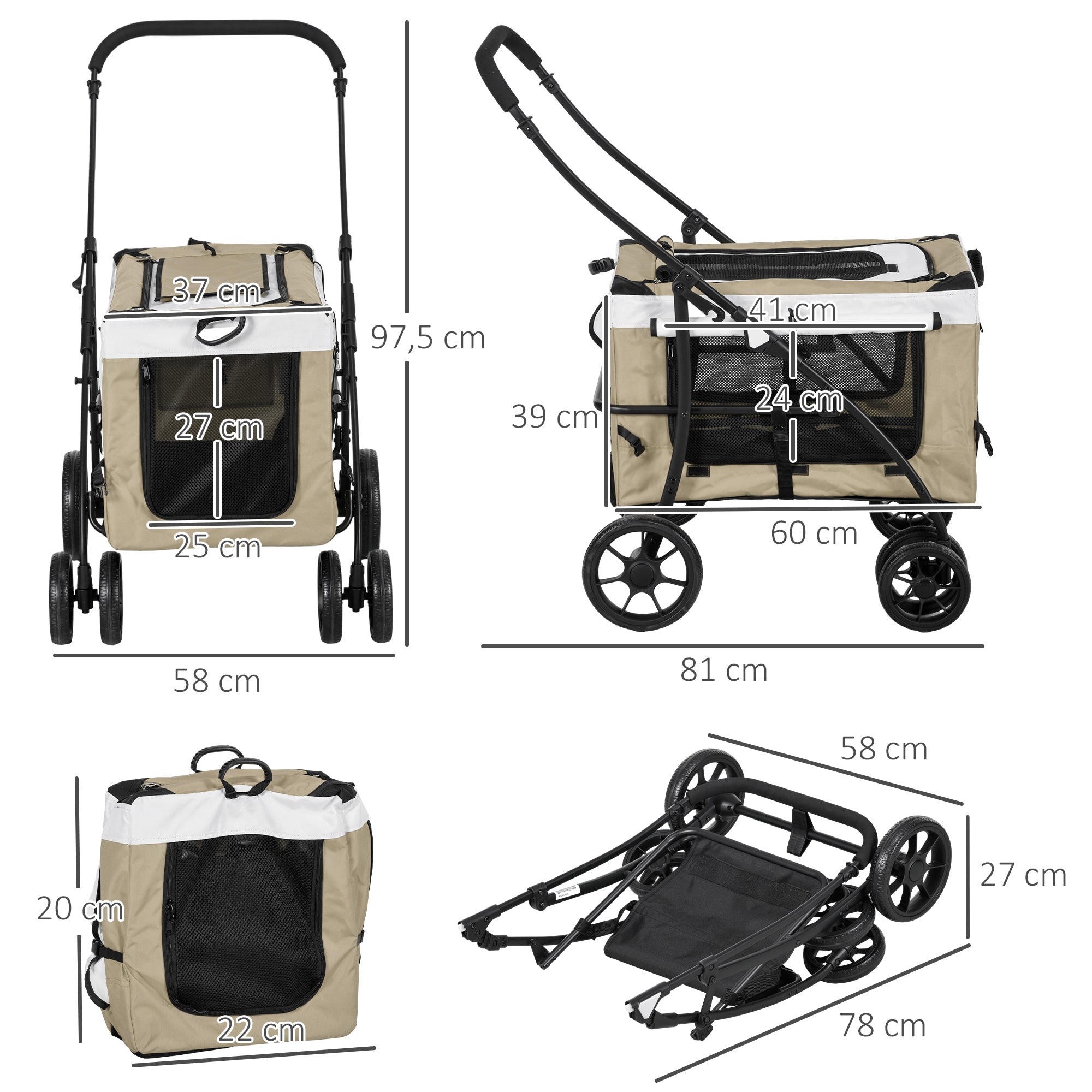 PawHut Hundbuggy Haustierbuggy Hundewagen, klappbar, abnehmbarer Korb, 81 x 58 x 97,5 cm, Schwarz+Khaki+Weiß