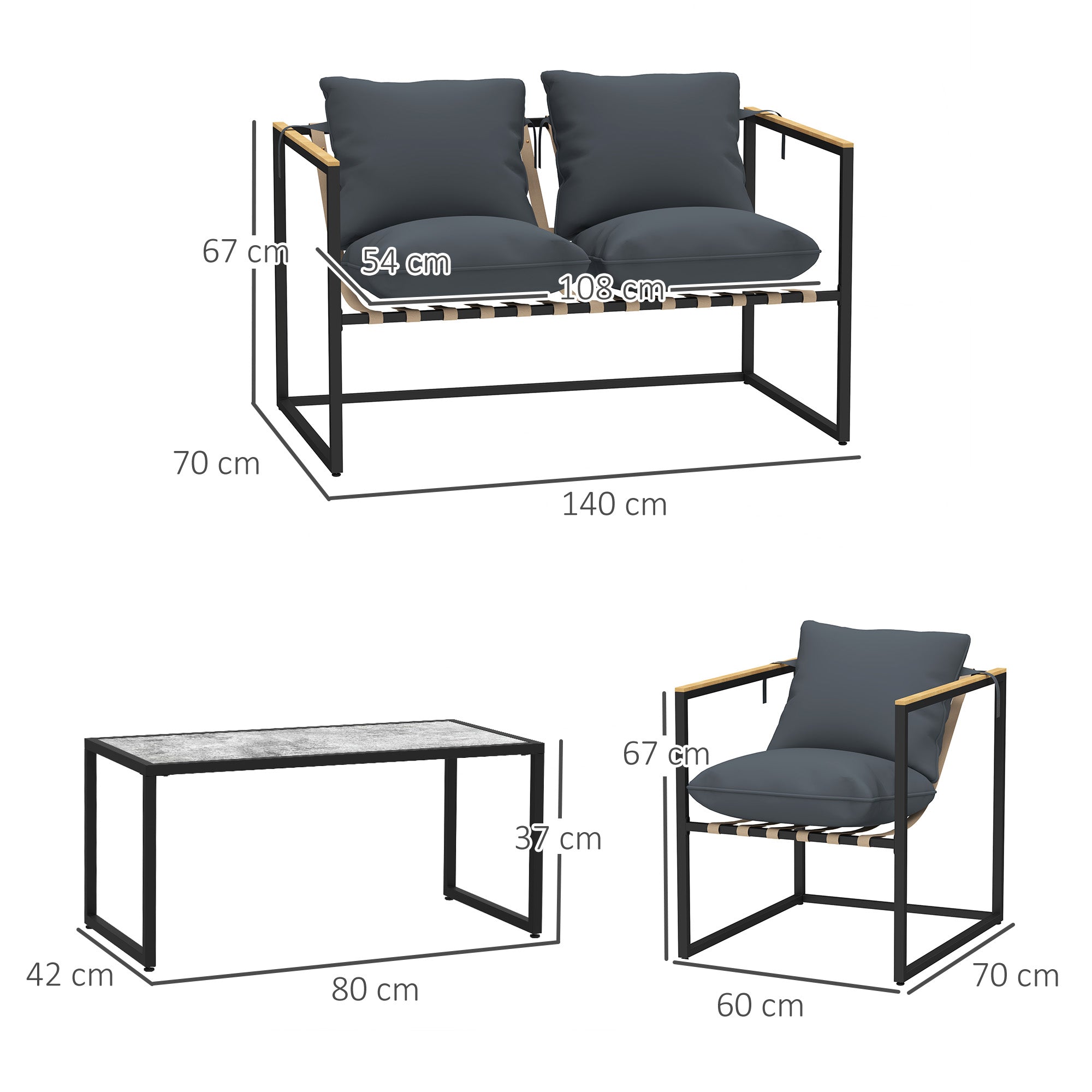 Outsunny 4-teiliges Gartenmöbelset, Outdoor-Möbel-Set, 2 Sessel, 2er Sofa, 1 Tisch, gepolstert, Stahl, Polyester, Grau