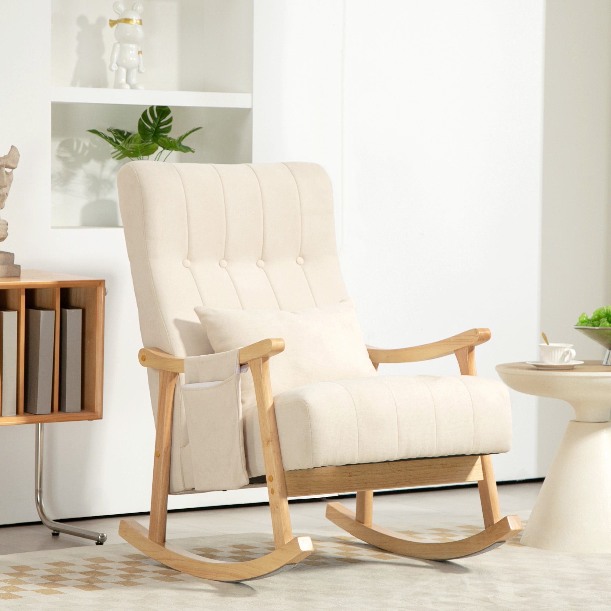 HOMCOM Schaukelstuhl mit Nierenkissen, breiter Sitz, Buchenrahmen, bis 120 kg, Beige