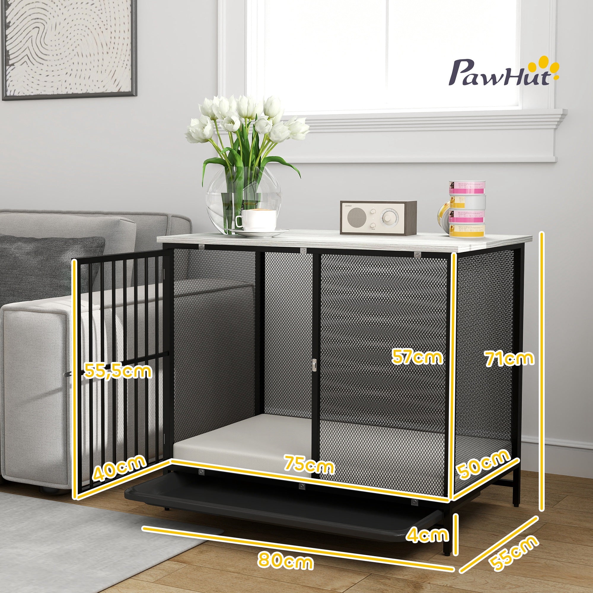 PawHut Hundebox mit gepolsterter Liegefläche, erhöhte Bodenwanne, verstellbare Füße, 80x55x71 cm, Eiche/Schwarz