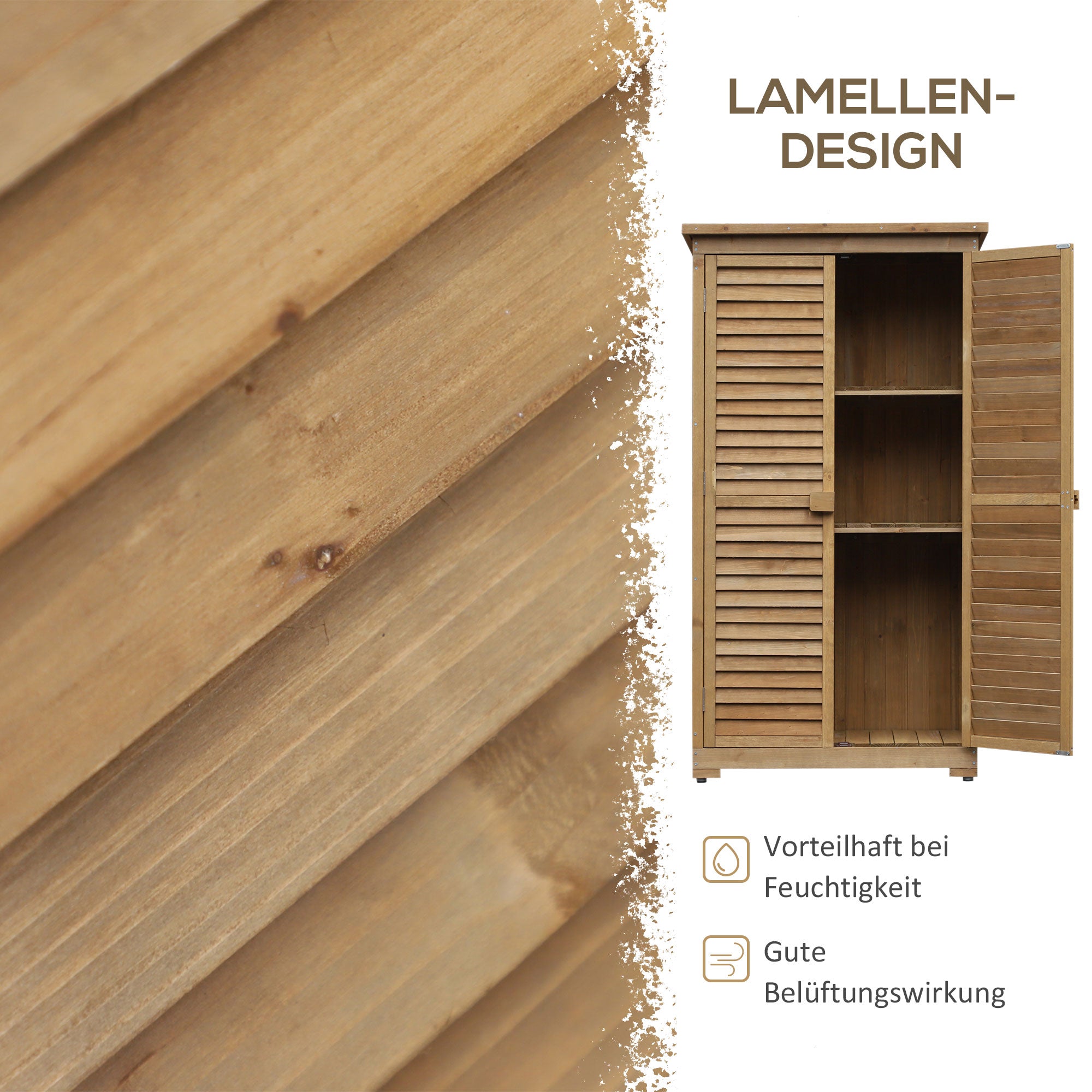 Outsunny Geräteschuppen mit Lamellentüren 3 Regale wetterbeständig 87 cm x 46,5 cm x 160 cm Tannenholz Braun
