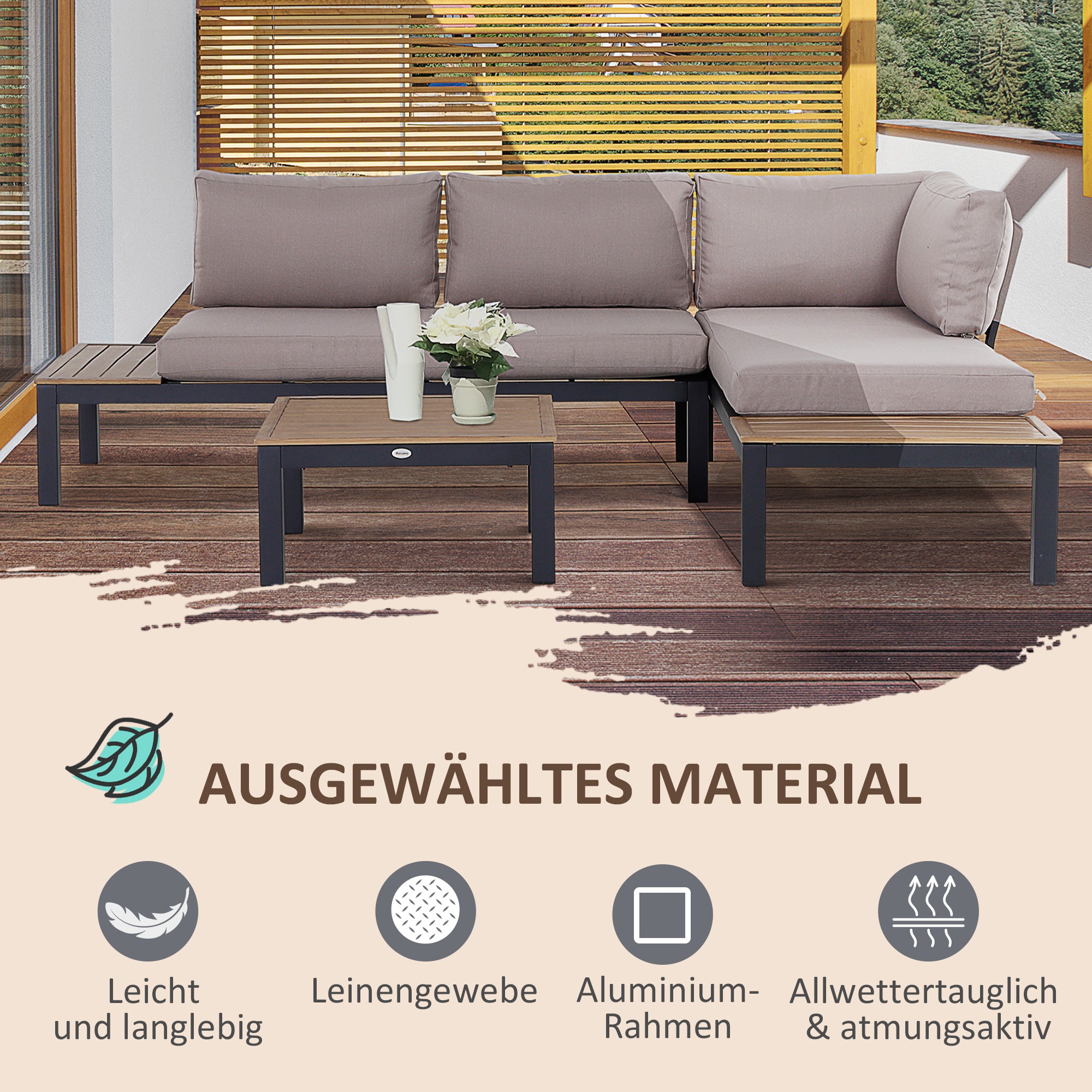 Outsunny Gartenmöbel-Set für 3 Personen mit Beistelltisch, Sofa mit Kissen, Outdoor, Aluminium, 164 x 74 x 69 cm