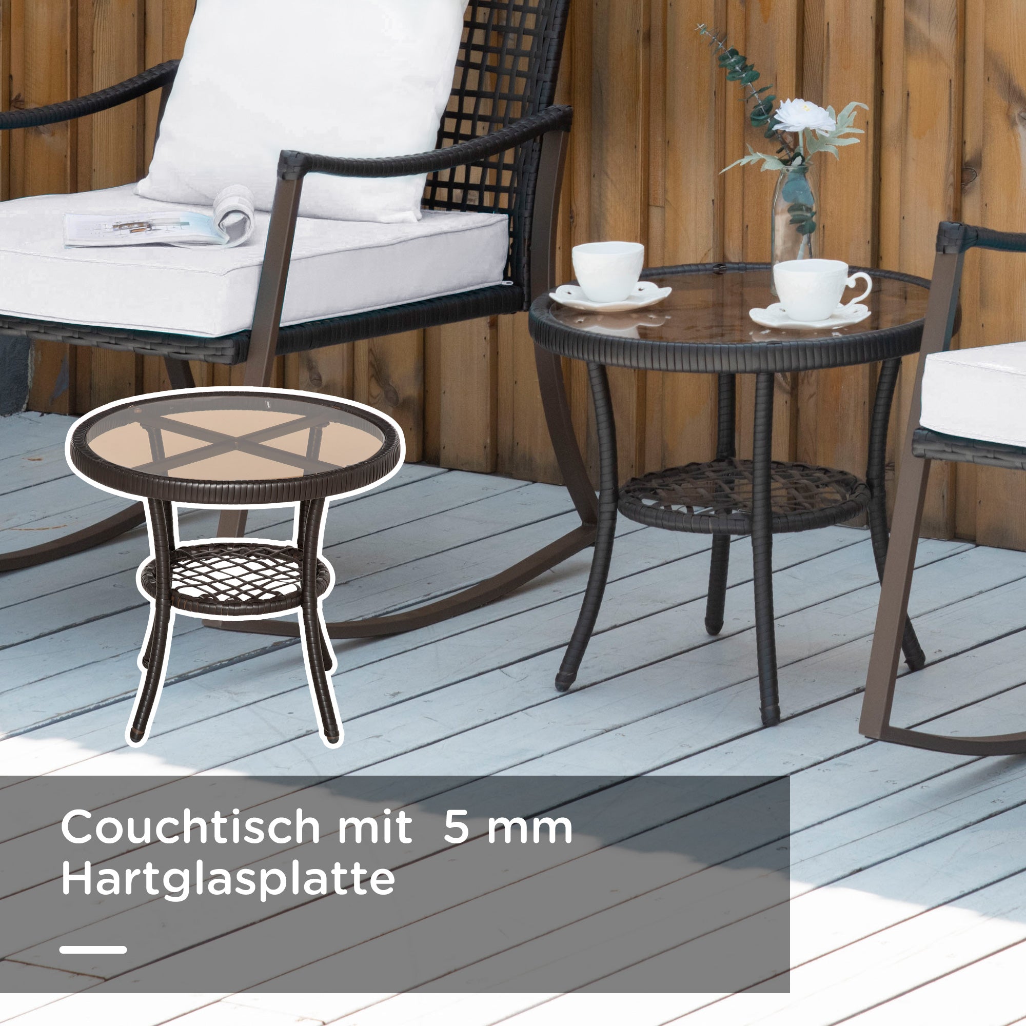 Outsunny Gartenmöbel-Set für 2 Personen, 2 Schaukelstühle, 1 Tisch, inkl. Polster, Braun + Weiß