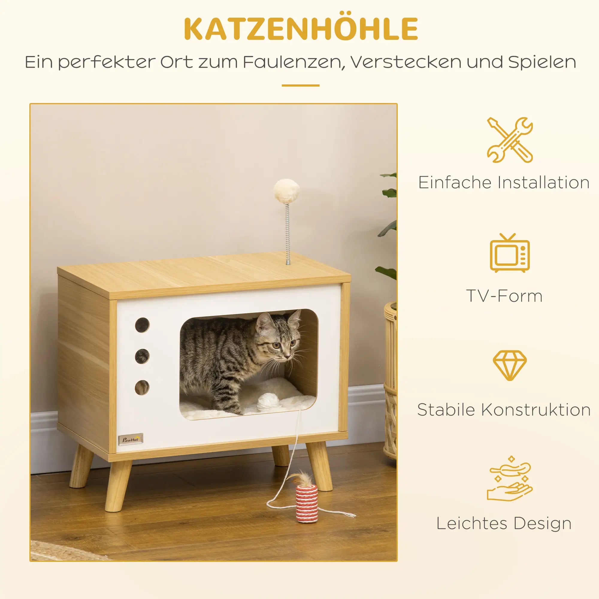 PawHut Katzenhöhle imTV-Design inkl. Spielzeug, waschbares Kissen, 50 cm x 28 cm x 43 cm, Eiche + Beige + Weiß
