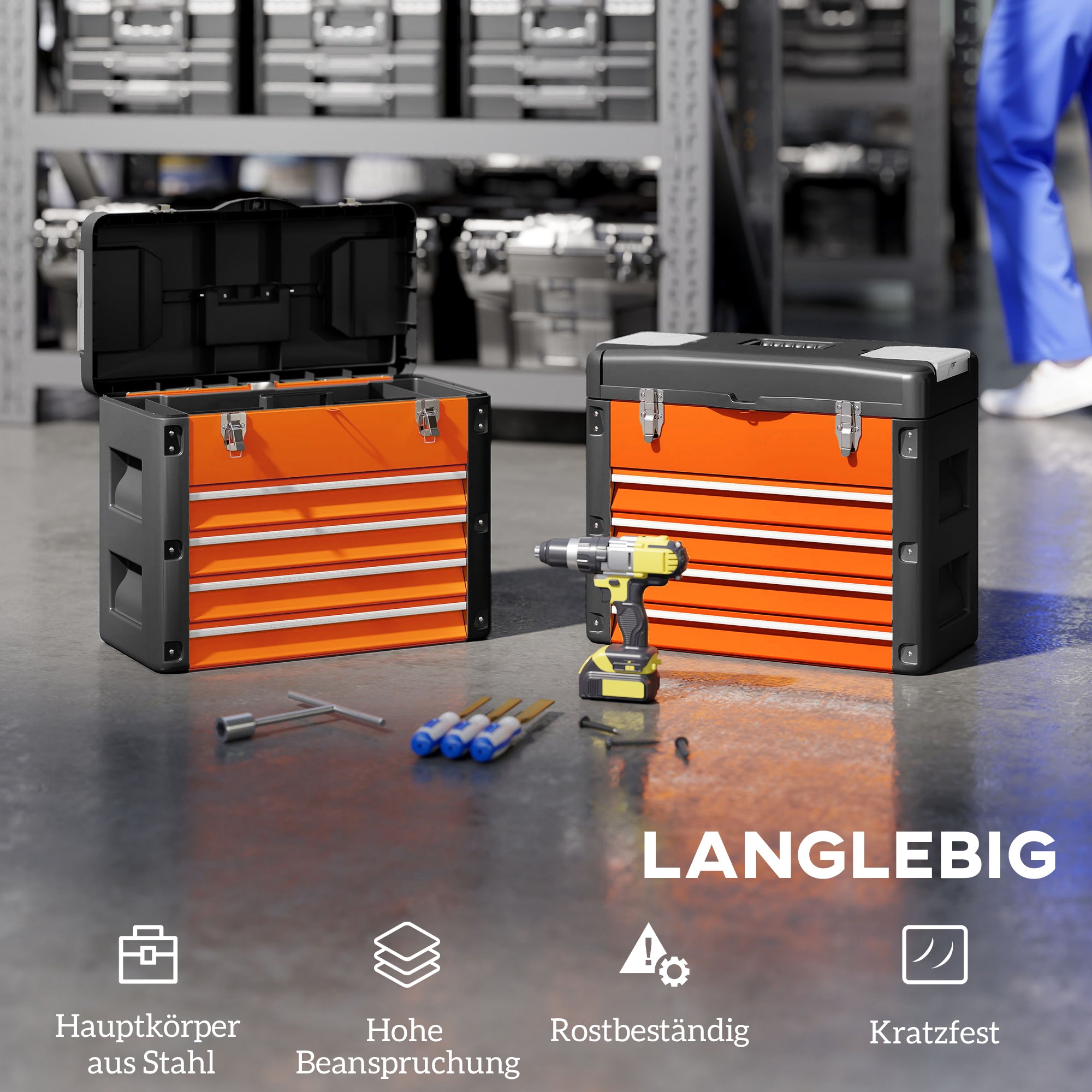 HOMCOM Werkzeugkiste leer, 49,7 x 25,3 x 40,7 cm Werkzeugkasten mit 4 Schubladen, Mini-Box Stahl Orange