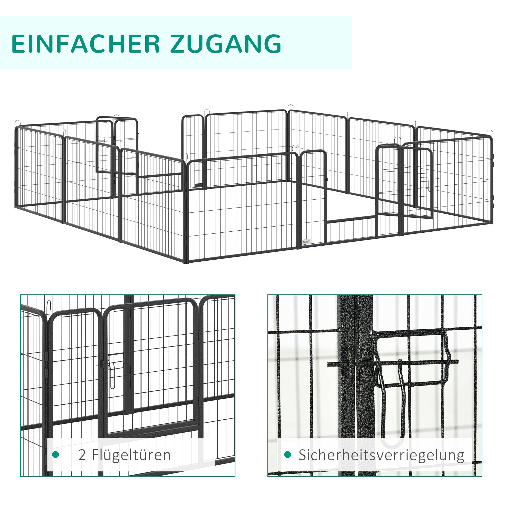 PawHut Haustiergehege, Welpenauslauf, Welpengitter, 12 Paneele, Outdoor u. Indoor, Schwarz