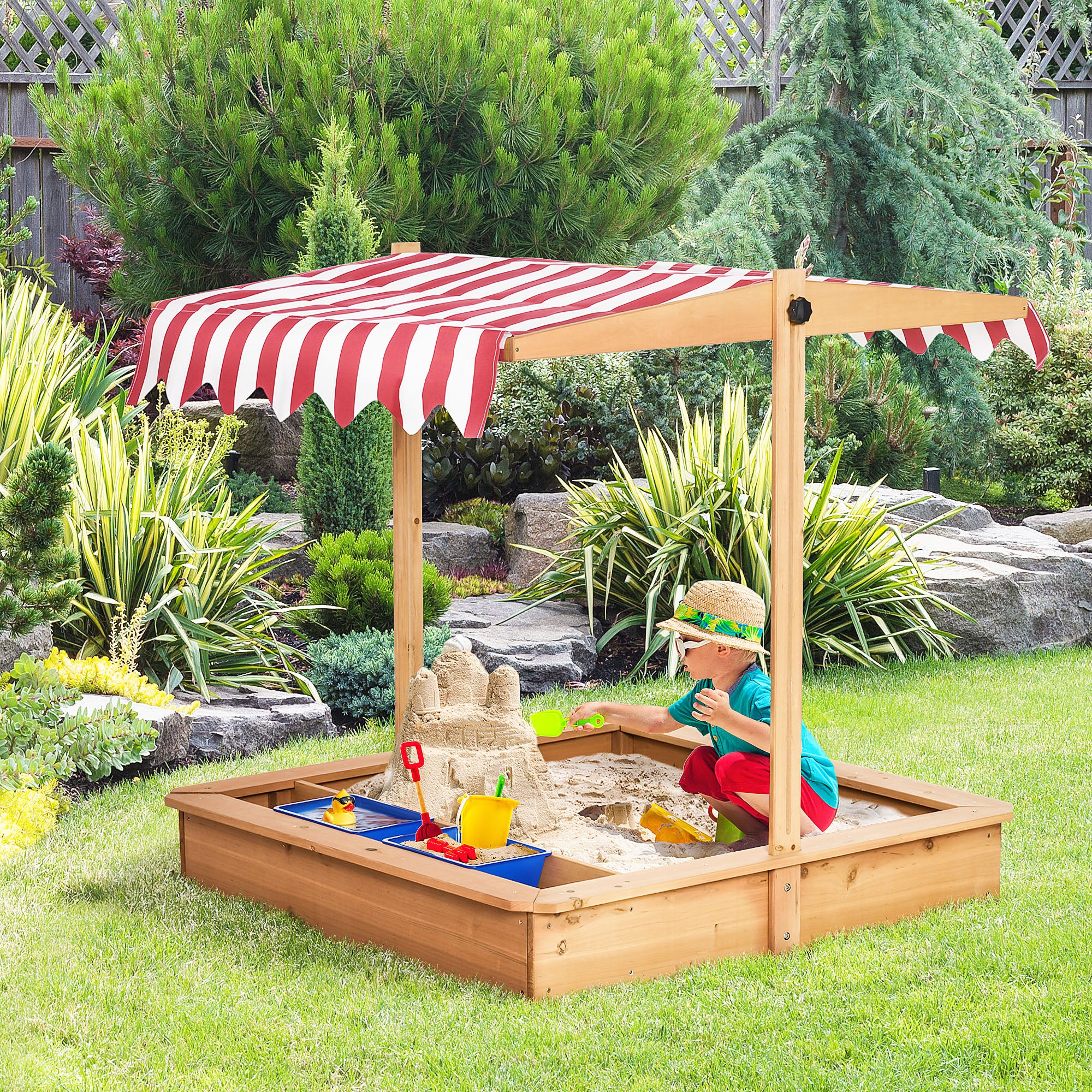 Outsunny Sandkasten mit höhenverstellbarem Dach – Natur