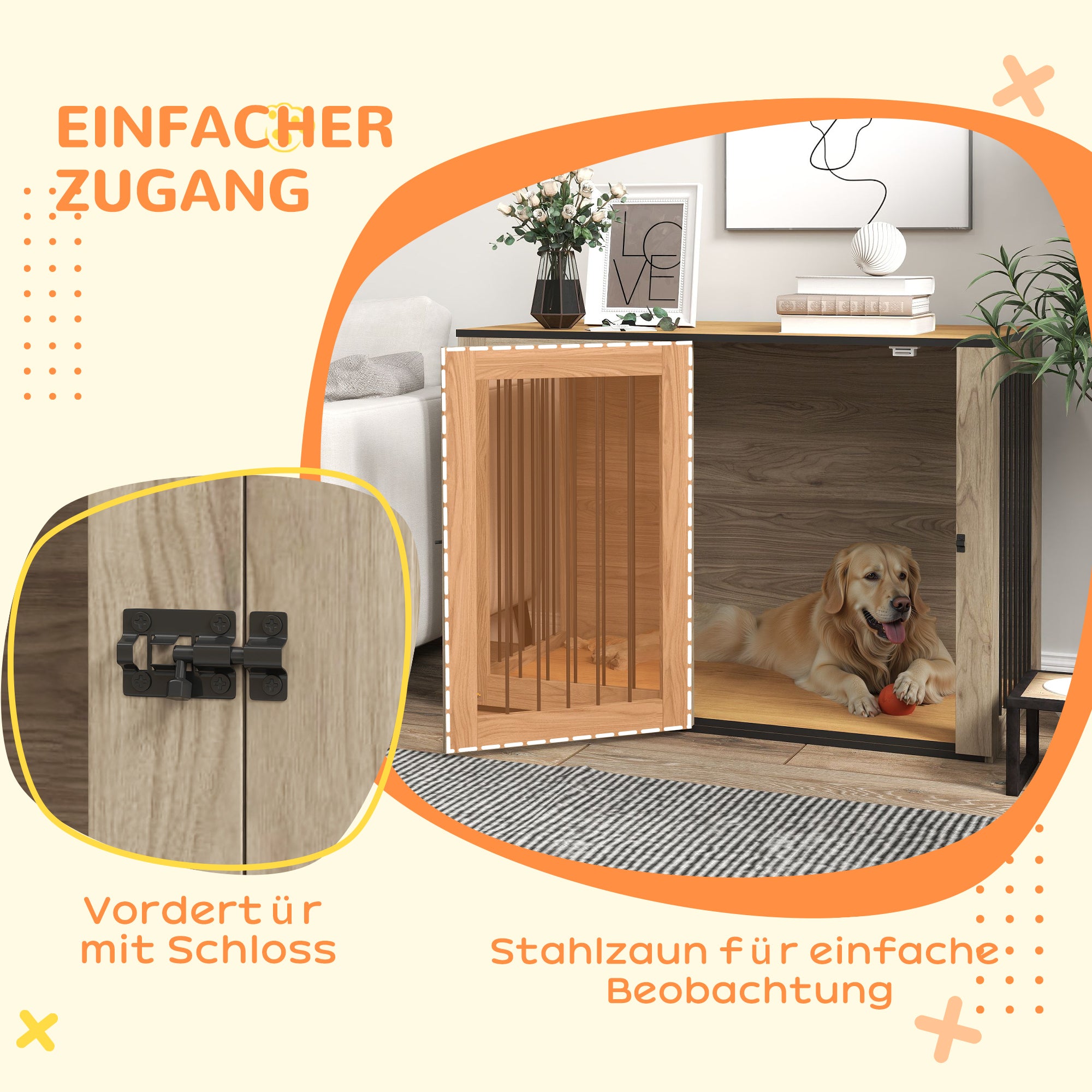 PawHut Hundebox, Haustierbox für große Hunde, Hundehütte, Indoor, 106 x 60 x 76 cm, Eiche