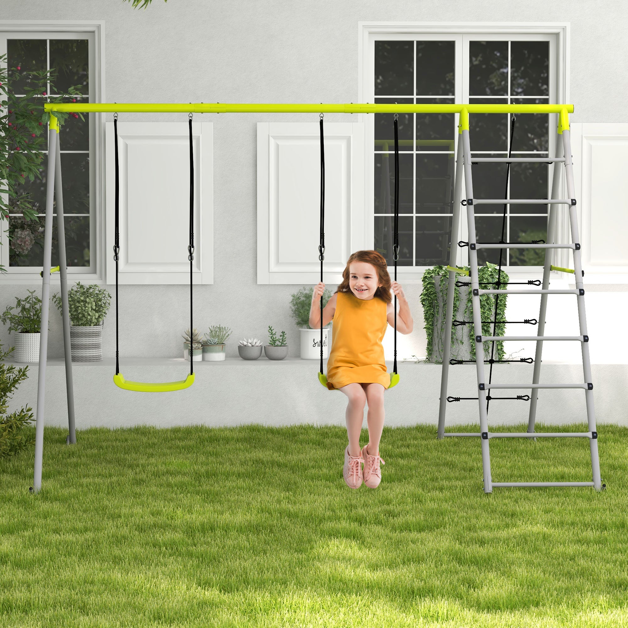 Outsunny Kinderschaukel-Set, mit Kletternetz und Sprossenleiter, für Kinder 3-8 Jahre, Stahlgestell, Grün