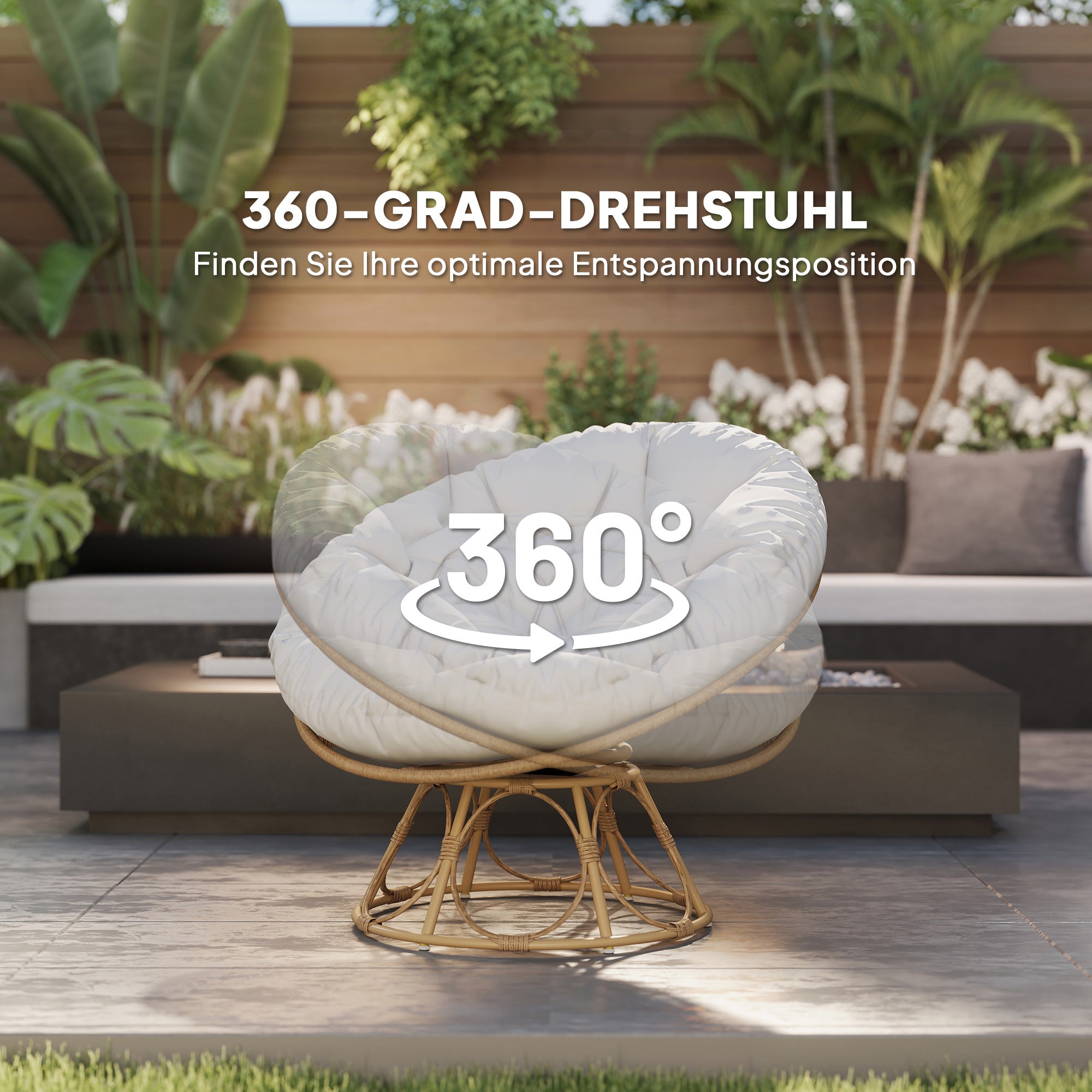 Outsunny Papasansessel Rattan 360° drehbar Korbsessel mit Sitzkissen runder Outdoor