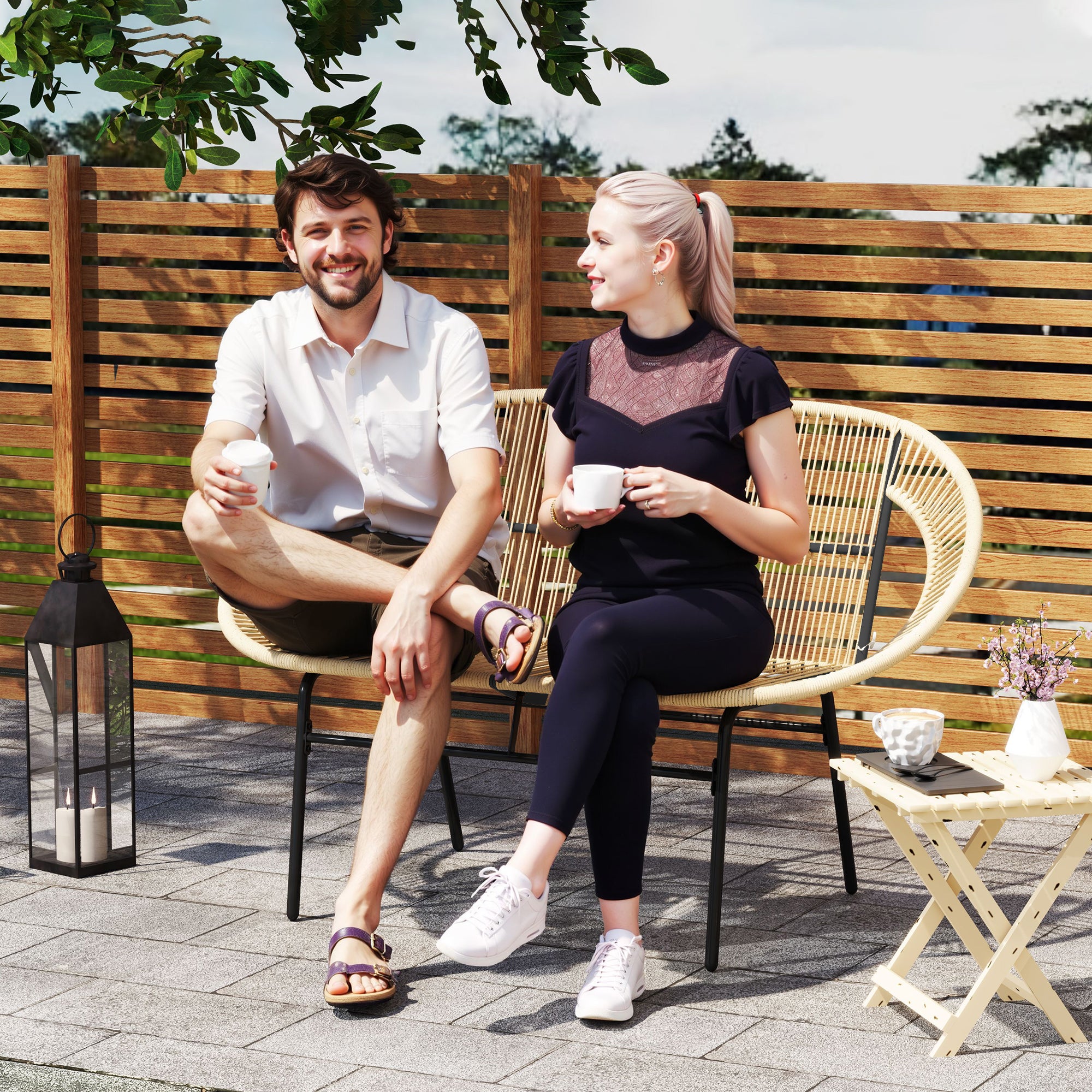 Outsunny 2-Sitzer Gartenbank Polyrattan, wetterfest Sitzbank im Rattanflecht-Design, UV-Beständig 260kg belast Khaki