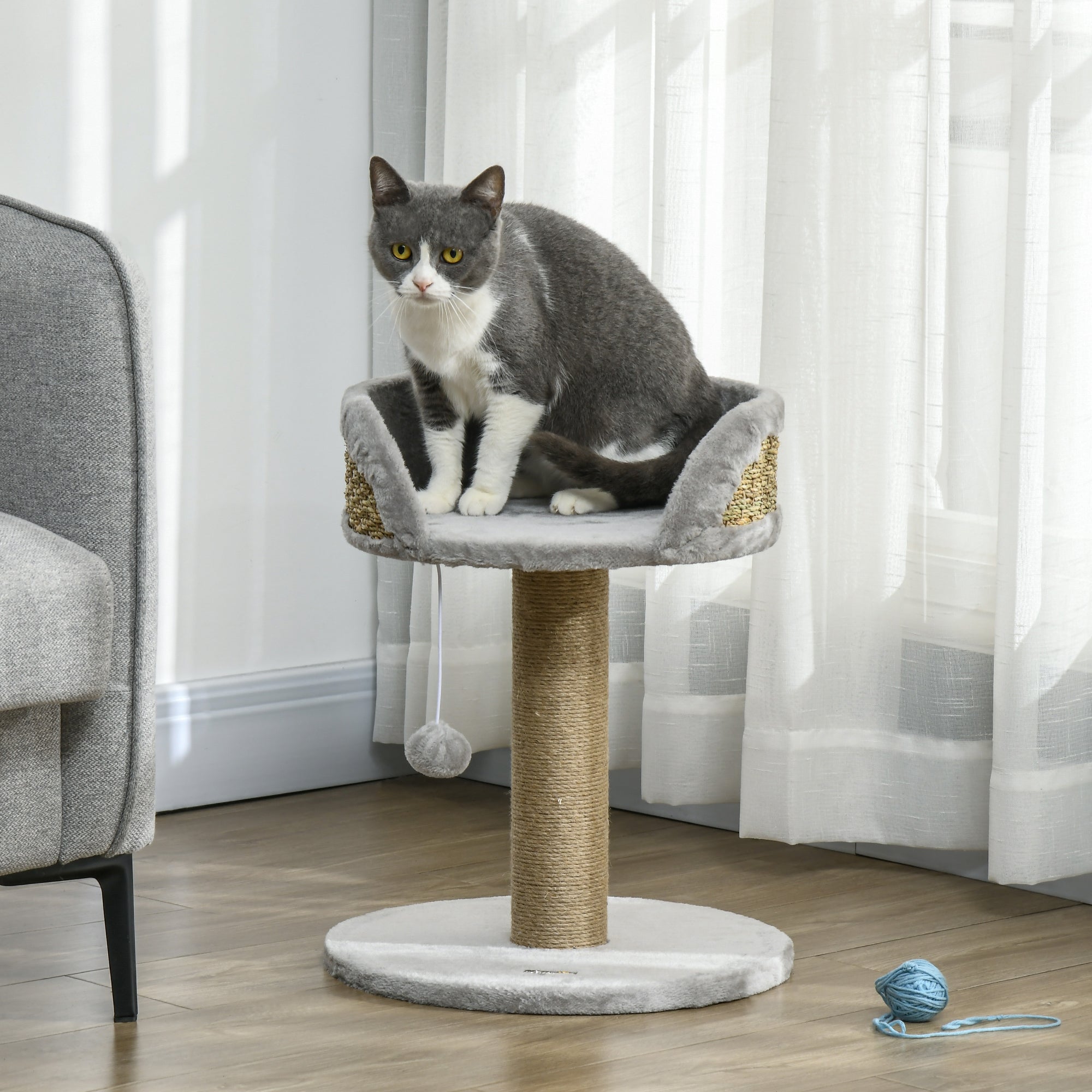 PawHut Kratzbaum Katzenbett Katzenkorb, inkl. Spielball, 40 cm x 40 cm x 49cm, Grau