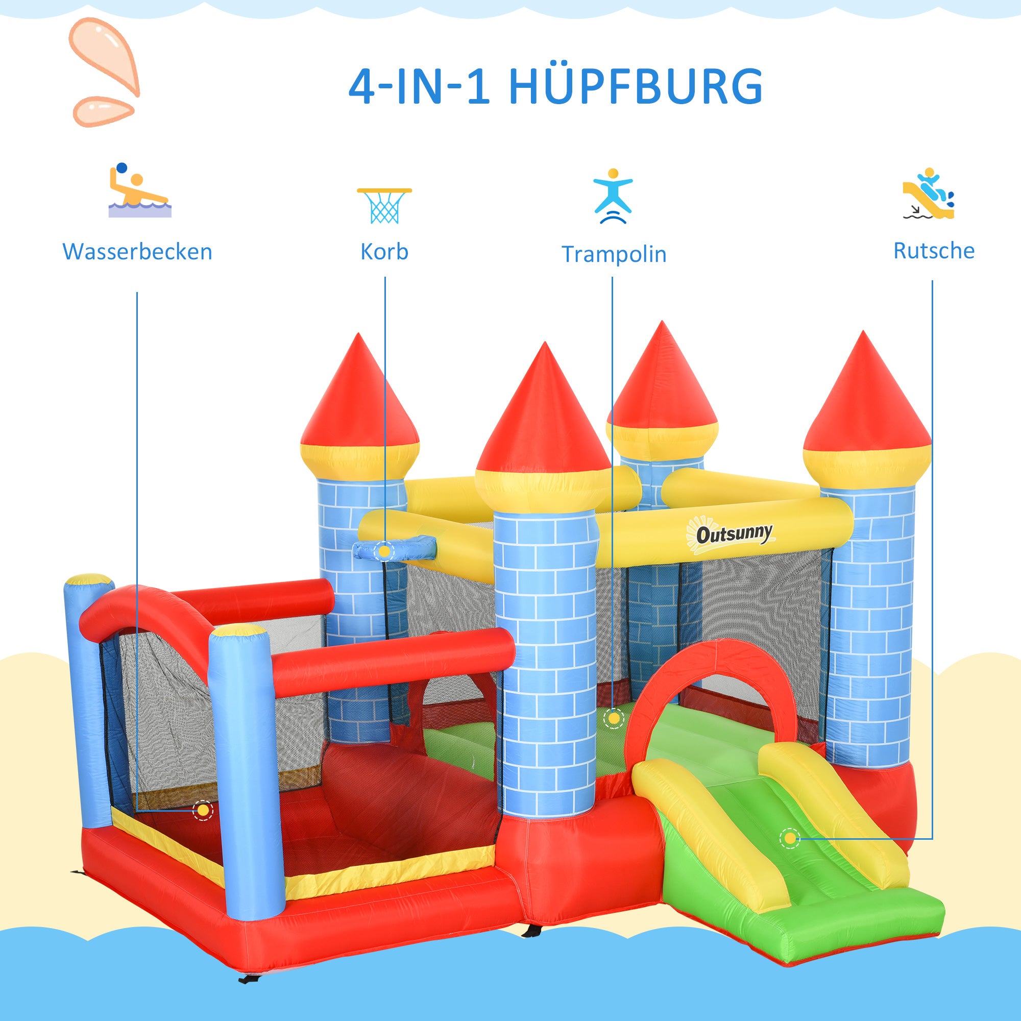 Outsunny Aufblasbare Hüpfburg mit Rutsche Pool für 3 Kinder Burg mit Gebläse für 3-8 Jahre Rot+Blau+Grün 280 x 260 x 210 cm