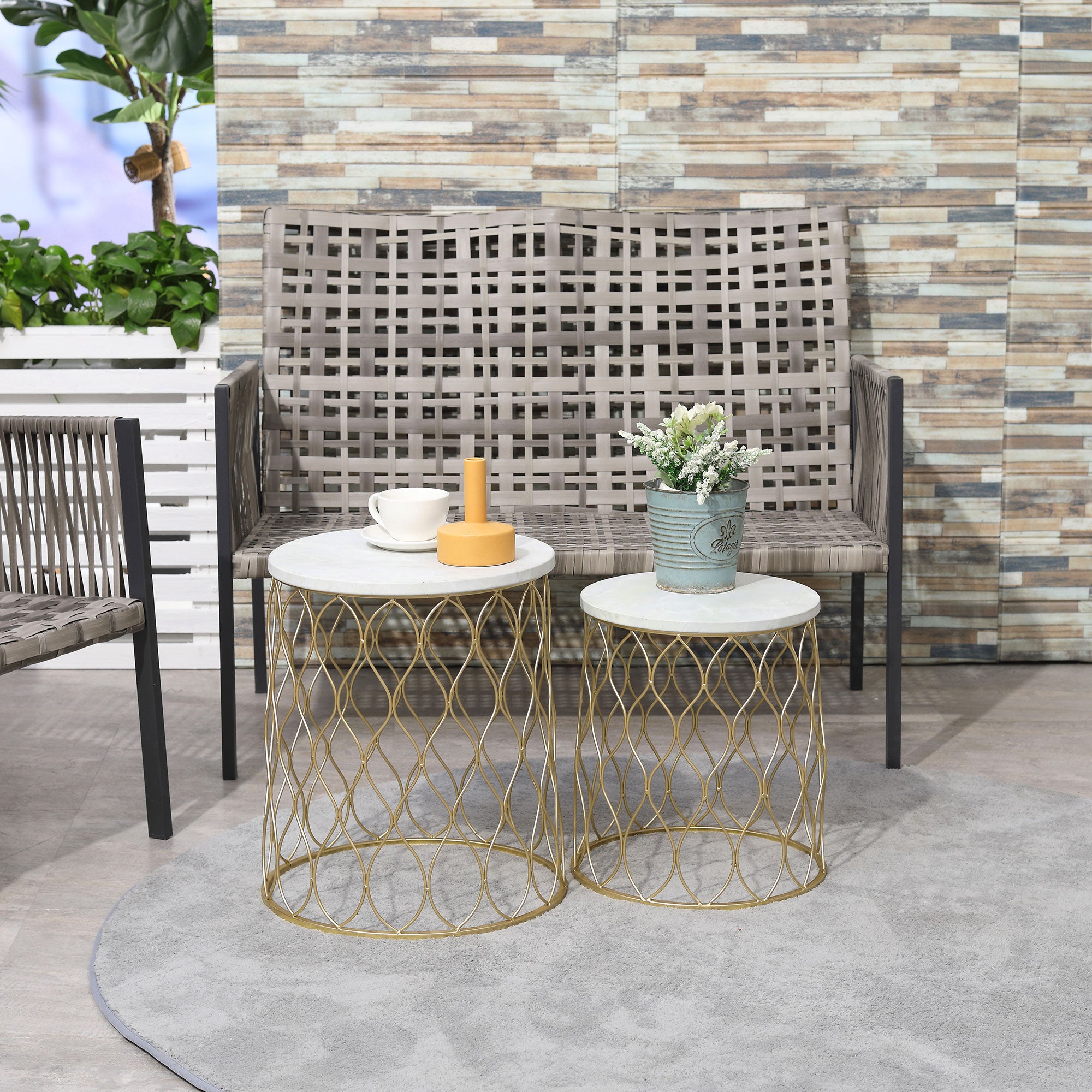Outsunny 2er-Set Beistelltische stapelbar Marmoroptik Outdoor