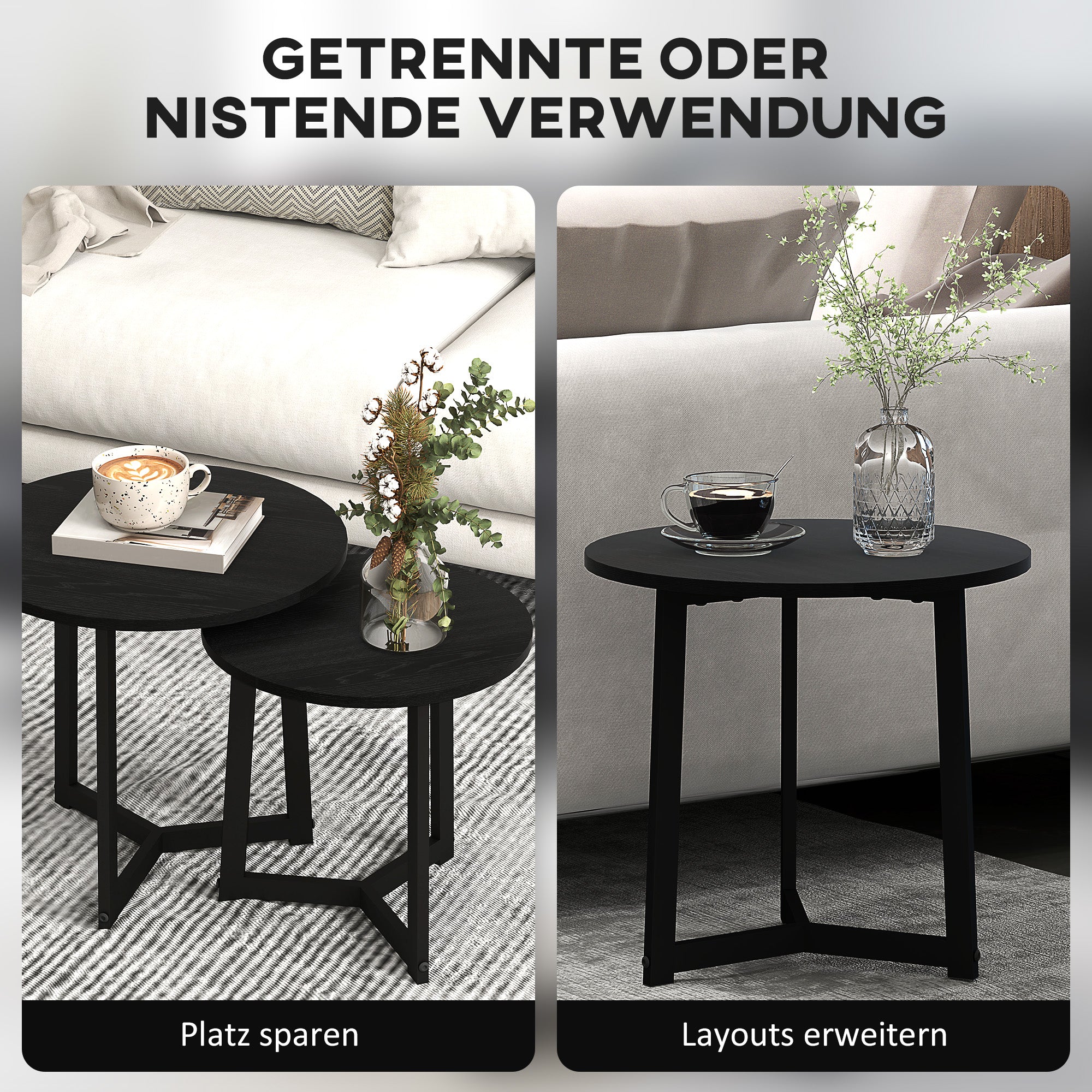 HOMCOM Moderner Couchtisch als 2er-Set, Metallrahmen, MDF, Rundes Design, ineinander verschiebbar, Schwarz