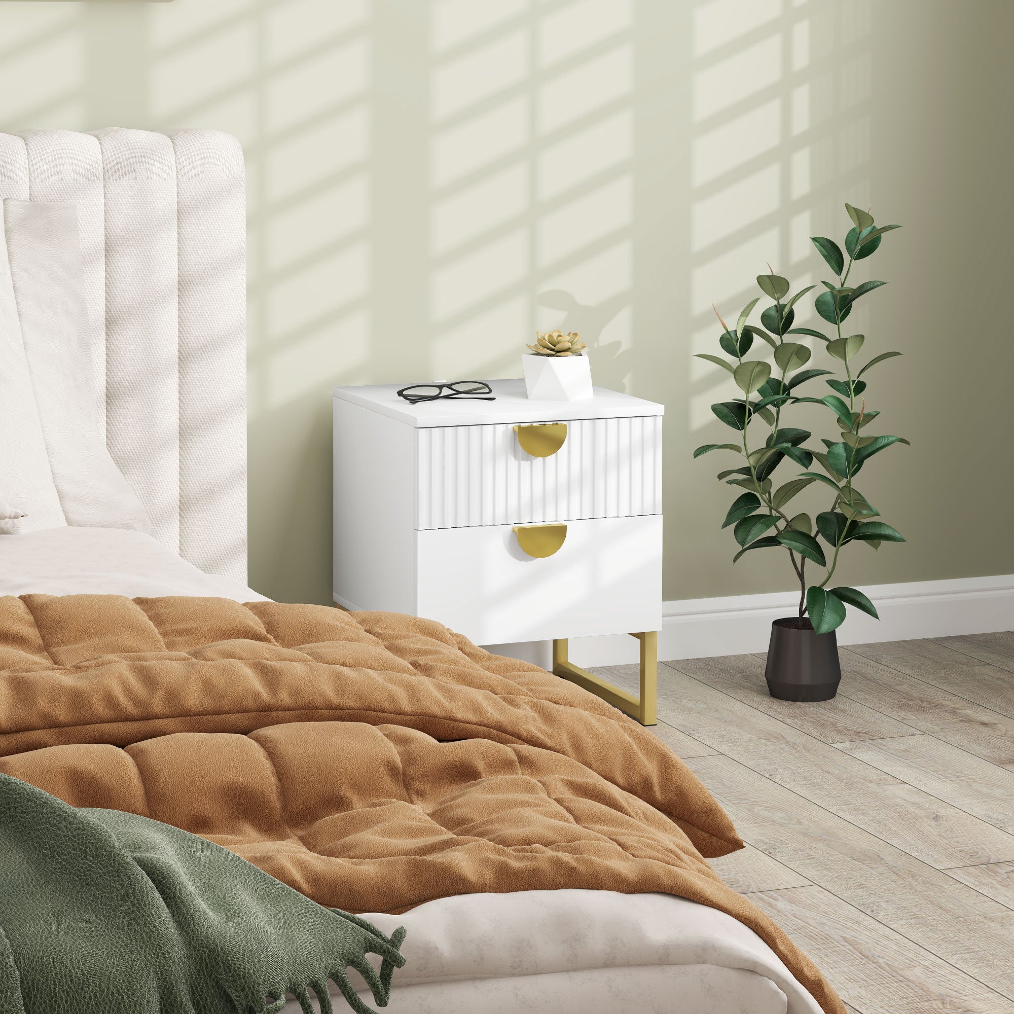 HOMCOM Nachttisch mit 2 Schubladen, elegante Metallgriffe in Gold, 40 x 40 x 50 cm, Weiß