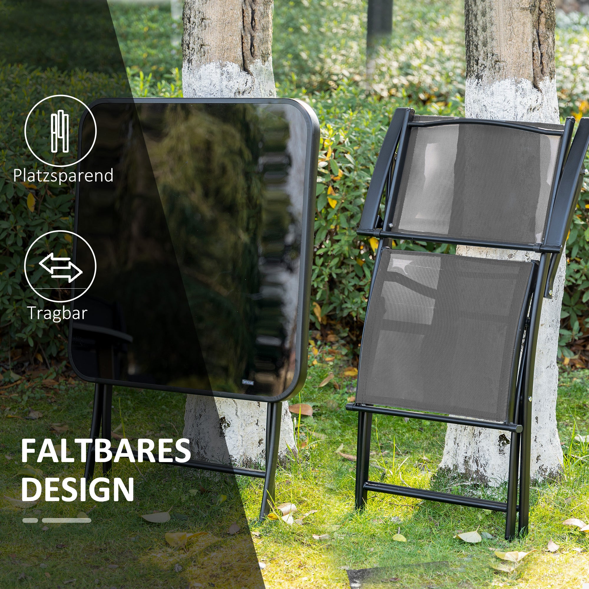 Outsunny Sitzgruppe für 2 Personen klappbar Balkonset 1 Tisch+2 Stühle Gartenmöbel Set Metall Mesh Schwarz+Grau