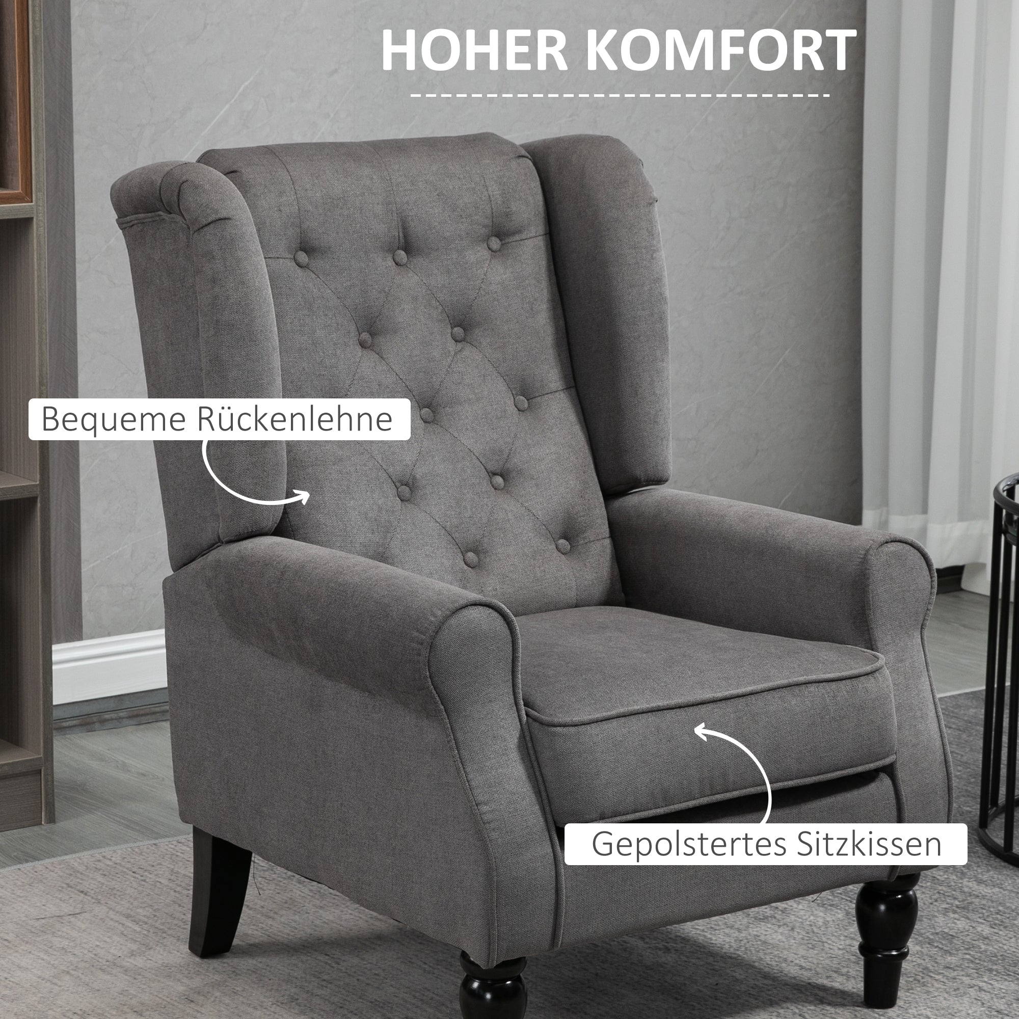 HOMCOM Ohrensessel im Vintage-Design, Lesesessel, Akzentsessel, Holzbeine, Knopfheftung, Grau + Schwarz