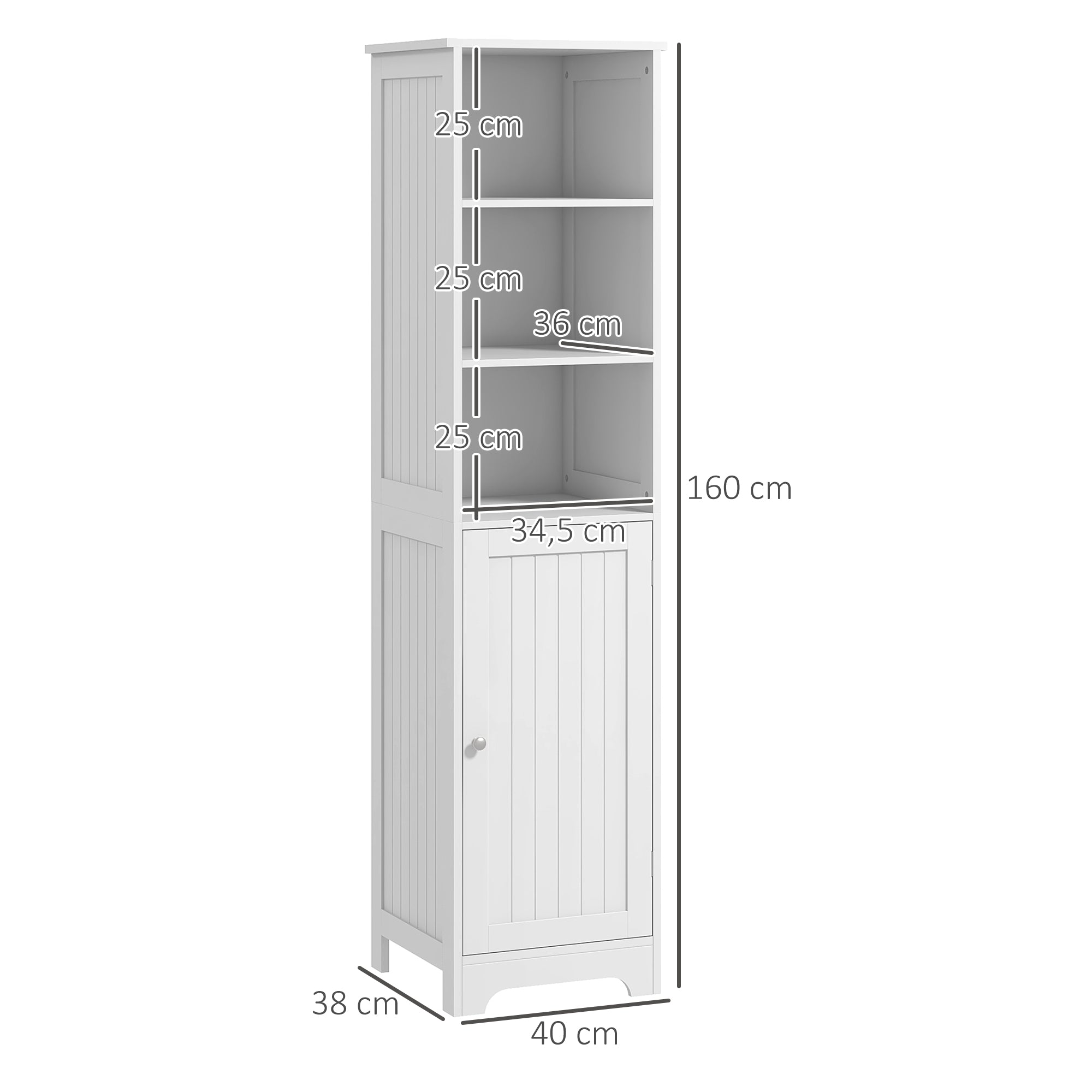 HOMCOM Badezimmerschrank Badschrank Toilettenschrank, 40 cm x 38 cm x 160 cm, Weiß