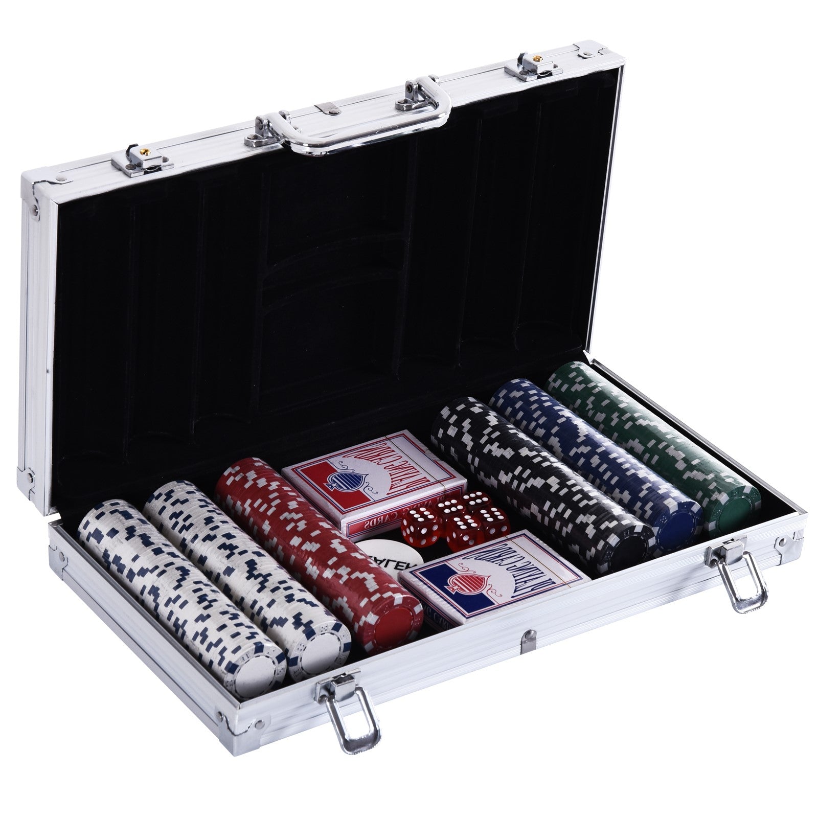 HOMCOM Pokerkoffer abschließbar Pokerset mit Koffer 300 Chips 5 Würfel 2 Kartendecks Zubehör, Pokerchips Komplett Set Pokerspiel Kartenspiele Aluminiumkoffer für Texas Hold'em, Blackjack