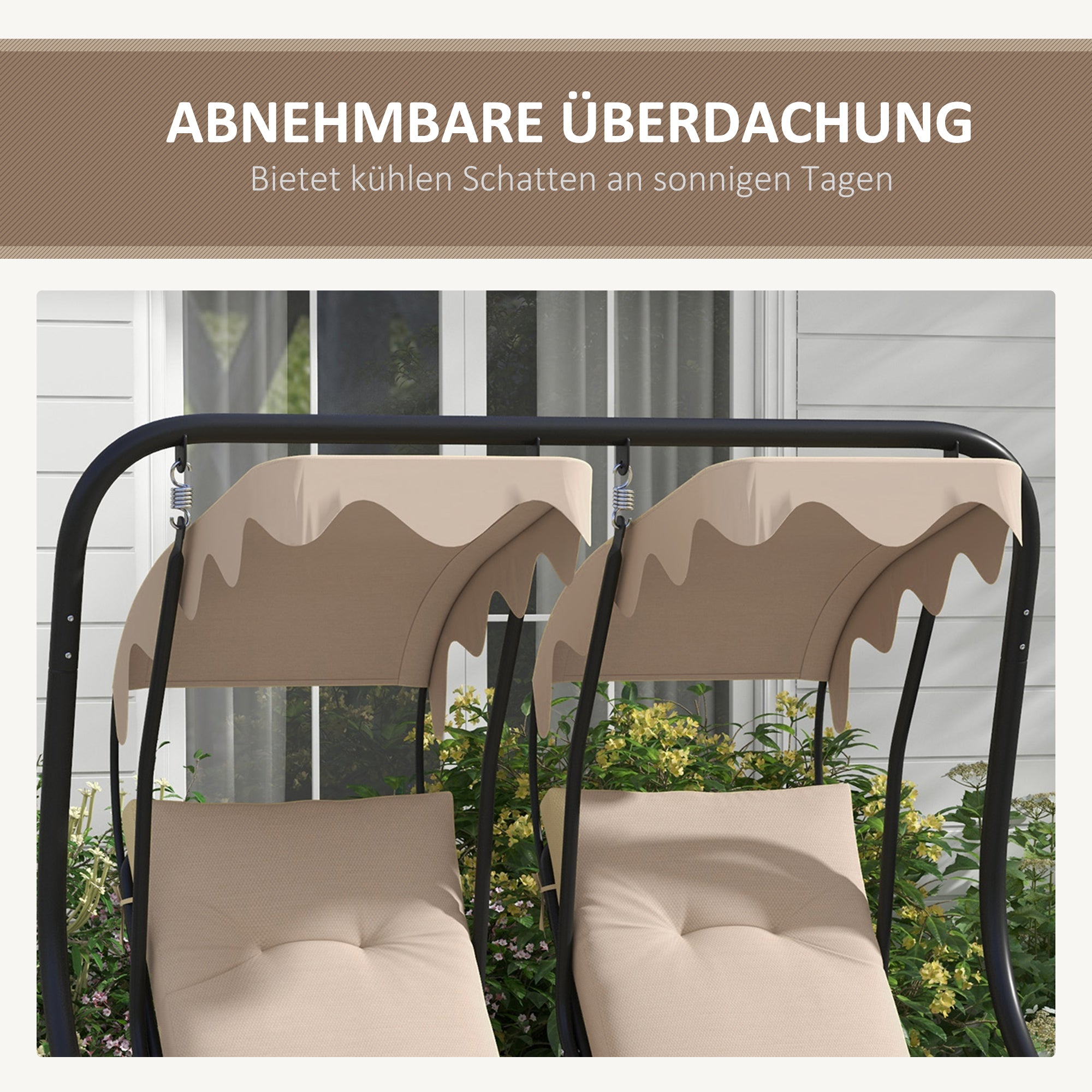 Outsunny Hollywoodschaukel Gartenschaukel, wetterbeständig,2 getrennte Size, 2 Getränkehalter, 170 cm x 136 cm x 170 cm, Beige