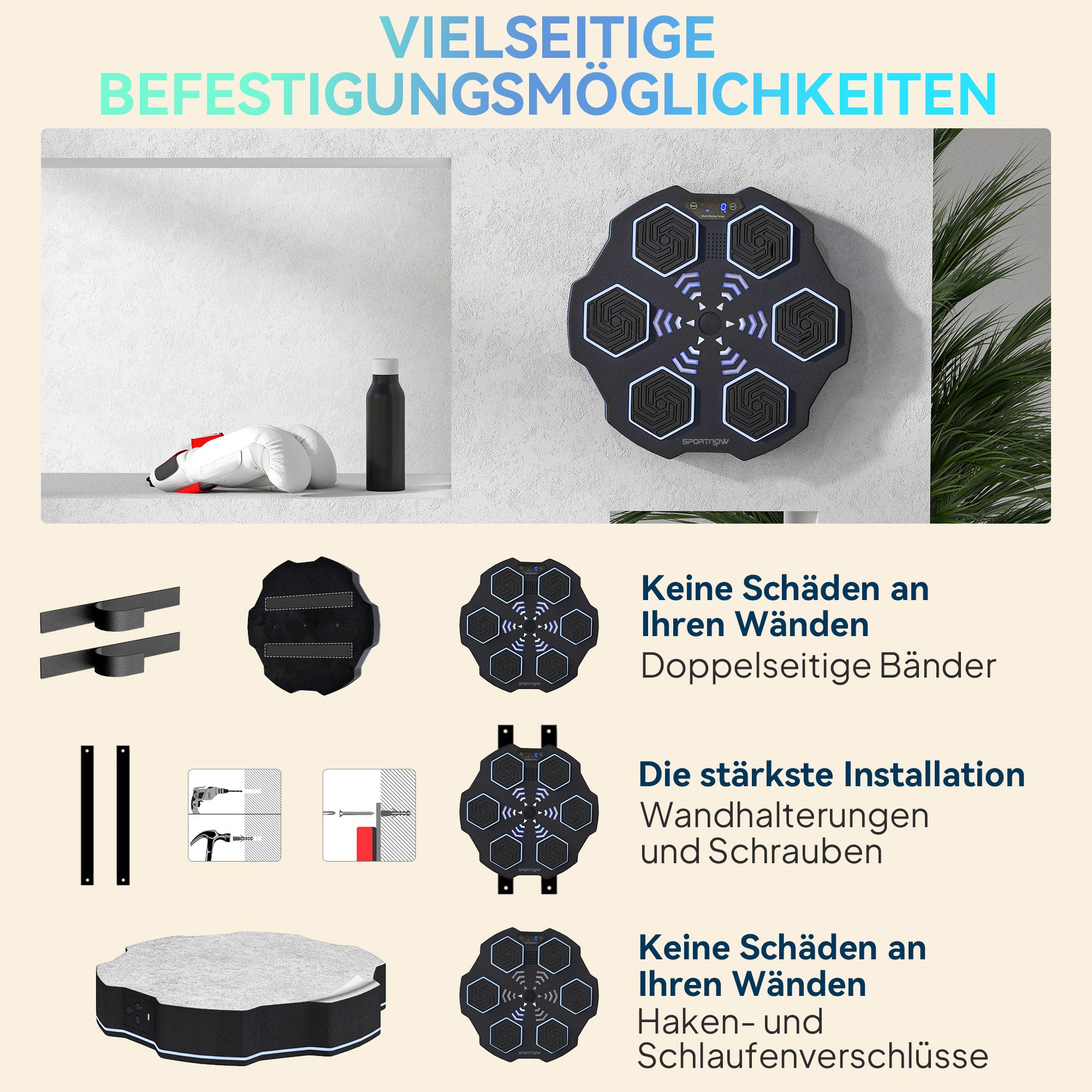 SPORTNOW Musikboxmaschine, Bluetooth-Boxgerät, Wandmontage, 9 Geschwindigkeiten und Modi, LED-Lichter, Schwarz