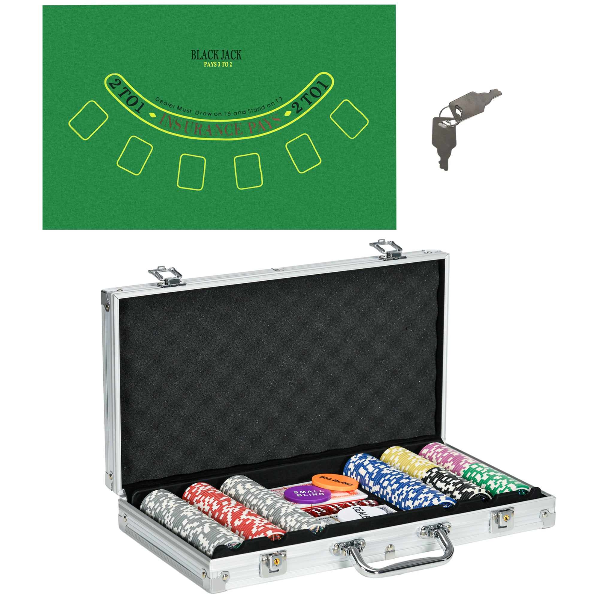 SPORTNOW Casinozubehör und Chips Pokerset mit Chips Pokerchip-Koffer, inkl. Unterlage, Set mit 300 Chips, 2 Kartenspielen, 5 Würfeln