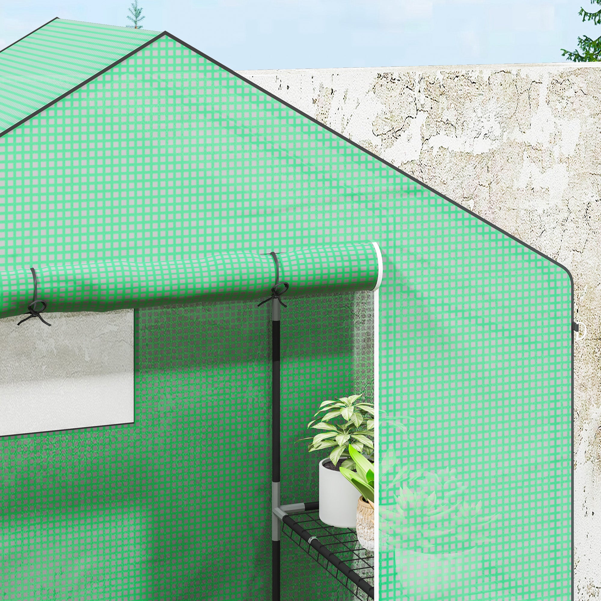 Outsunny Gewächshaus mit Regalen, Mini-Treibhaus, UV-beständig, Netzfenster, Reißverschlusstür, 143L x 74B x 190H cm, Grün