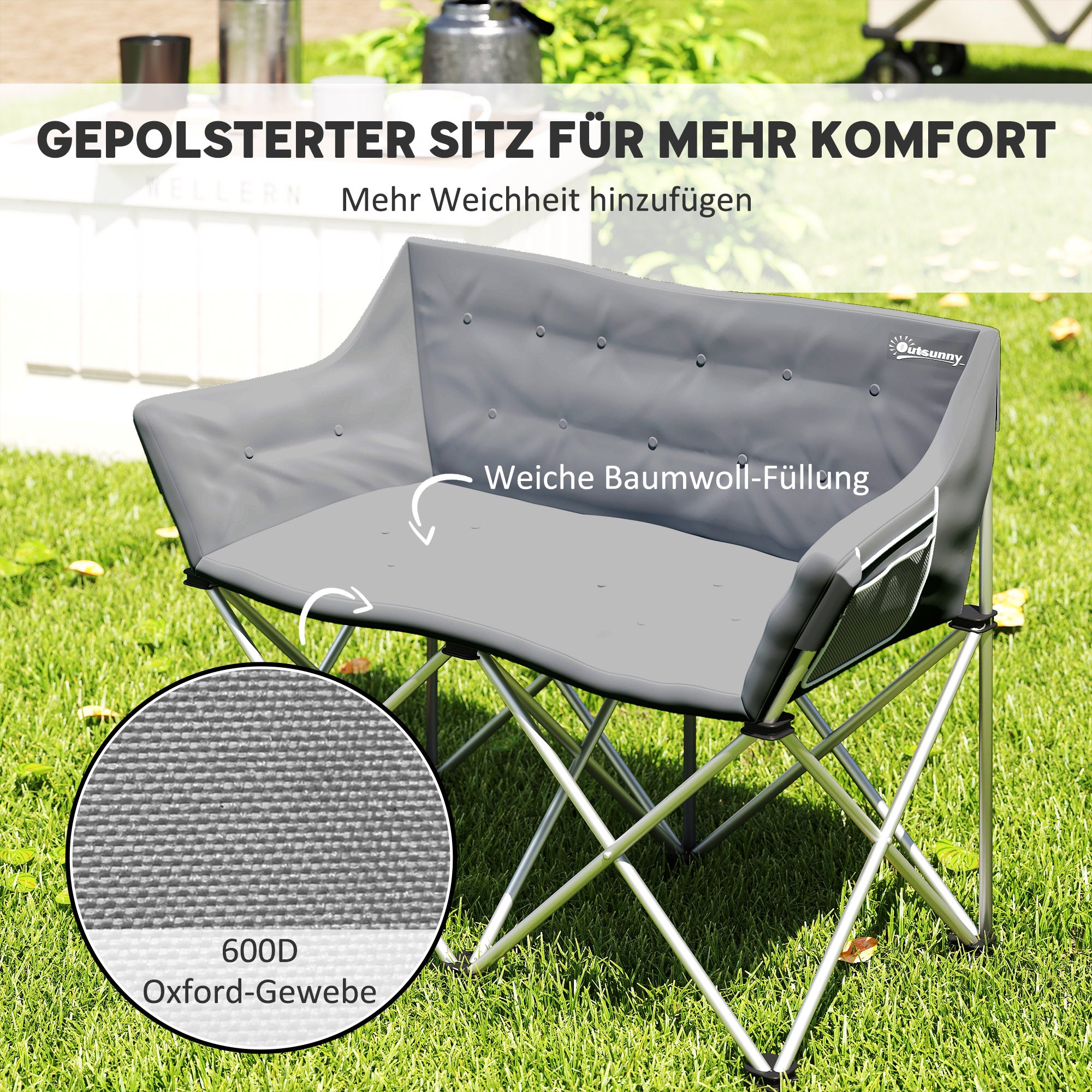 Outsunny Faltstuhl 2 Sitzer faltbar Campingstuhl mit Armlehnen Seitentasche bis 240kg belastbar Grau