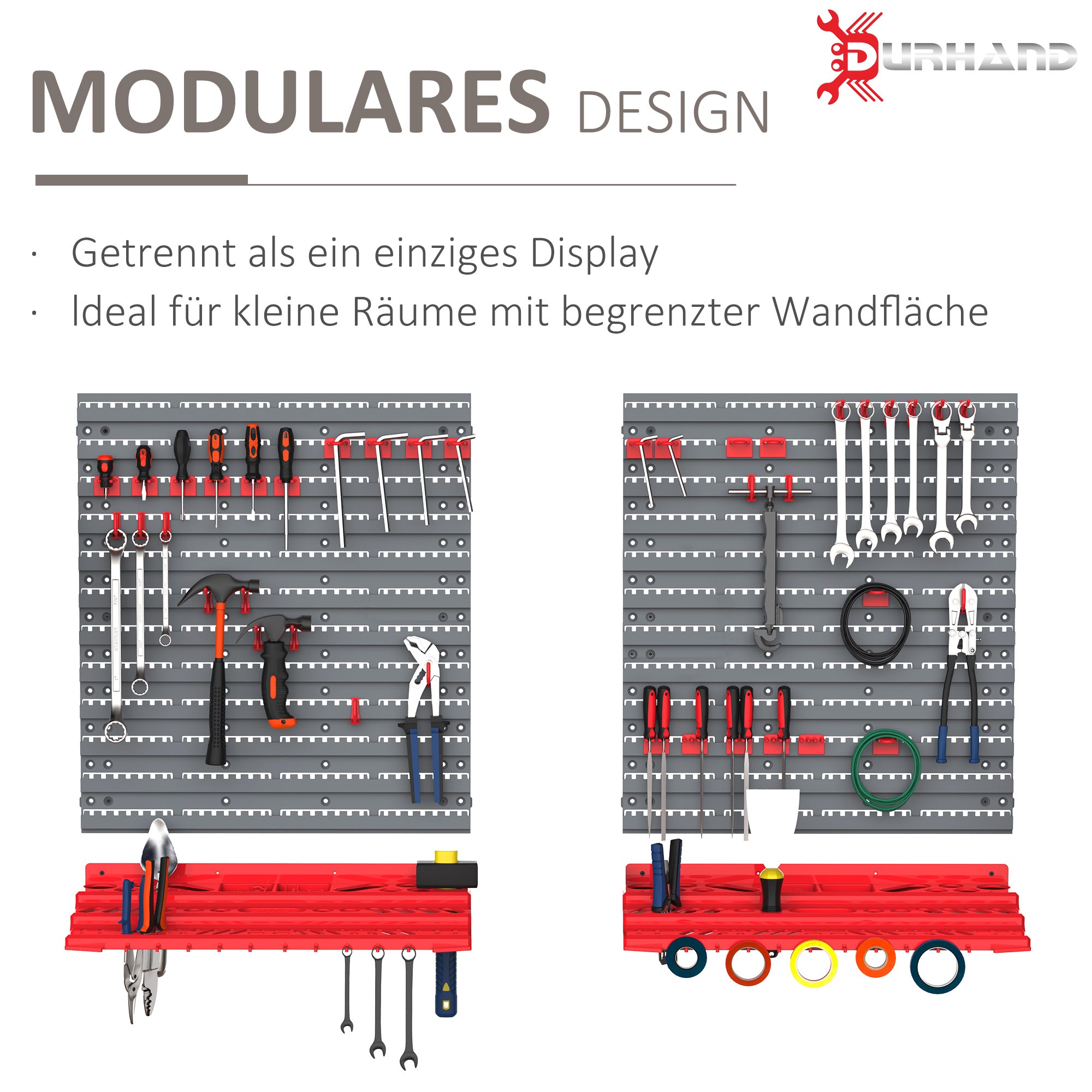 DURHAND Werkzeuglochwand Wandregal 54 tlg Werkzeughalter Werkzeugwand für Werkstatt Sichtlagerkästen Hakenset PP Grau+Rot 95,5 x 23 x 53,5 cm