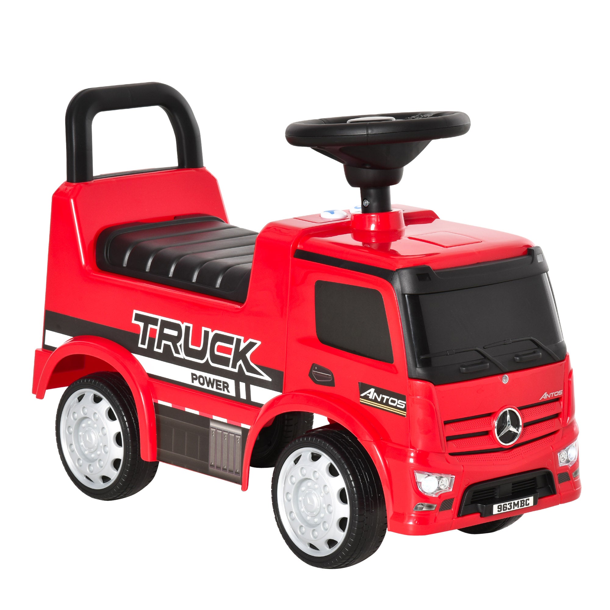 HOMCOM Rutscherfahrzeug Rutscherauto Babyrutscher Kinderfahrzeug lizenziert von Mercedes ANTOS-LKW-Stil mit Licht für Kinder von 12 bis 36 Monaten Metall PP-Kunststoff Rot+Schwarz 62,5x28,5x45cm