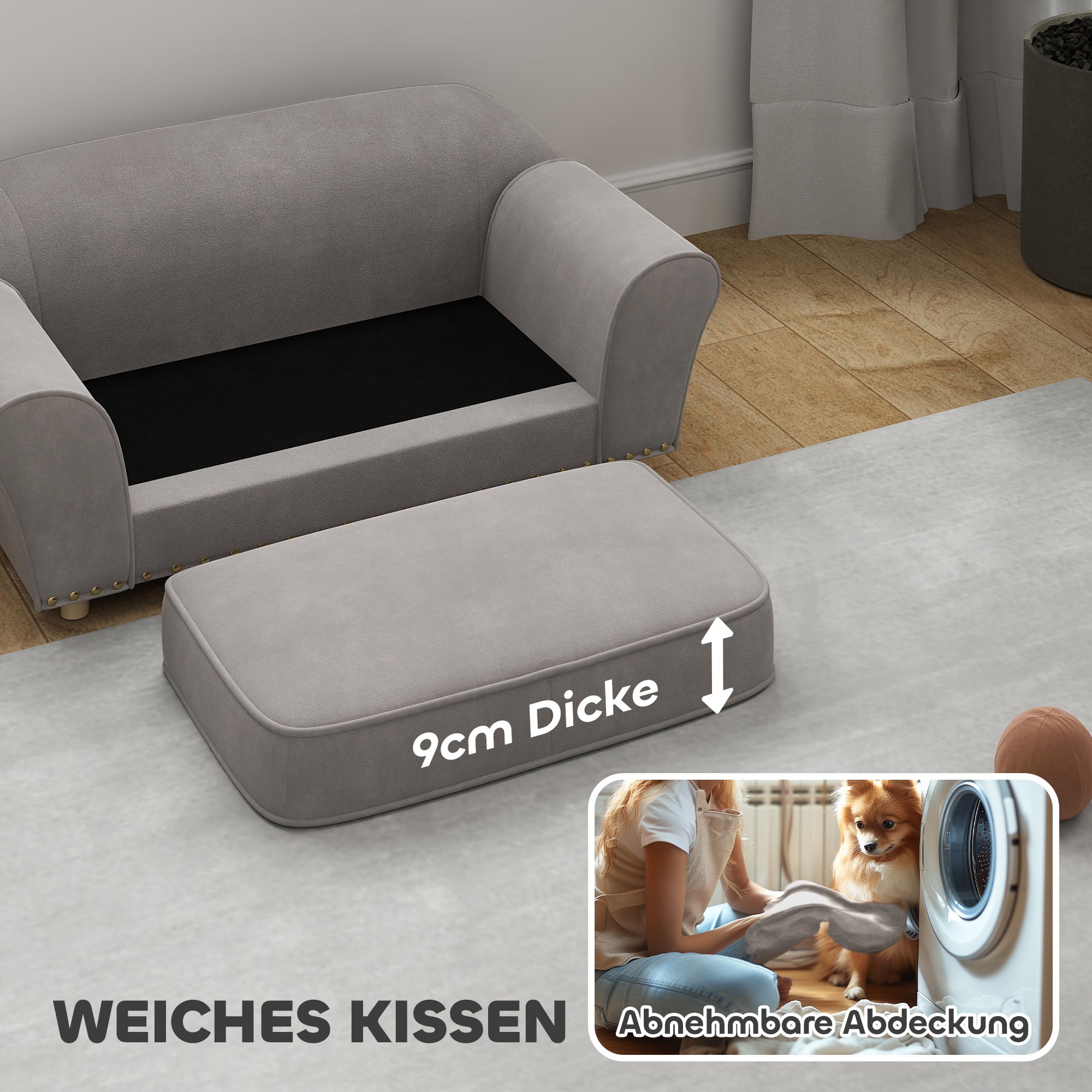 PawHut Hundesofa, Hundebett mit Nieten, dickes Kissen, abnehmbarer Bezug, rutschfeste Füße, 86,5x52,5x33 cm, Grau