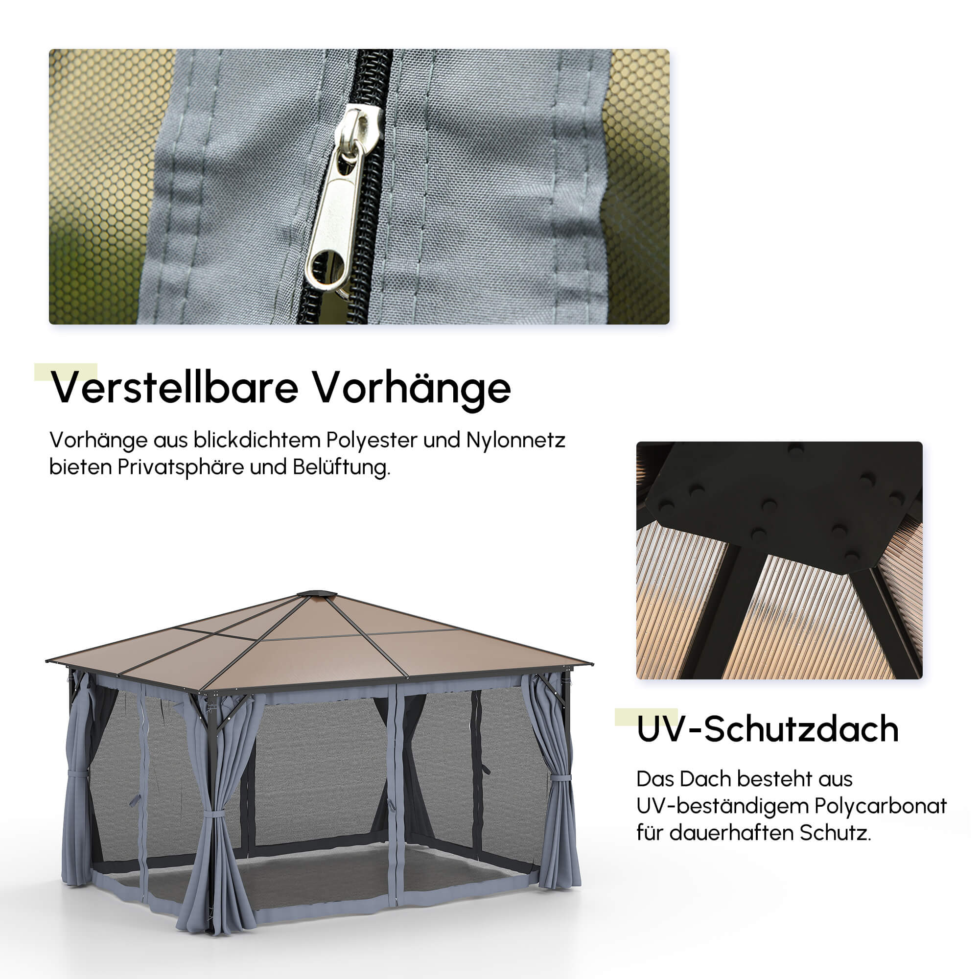 Outsunny Pavillon mit Polycarbonatdach, Vorhänge mit Fliegennetz, Alugestell, dunkelgrau, 3 x 4 x 2,6 m