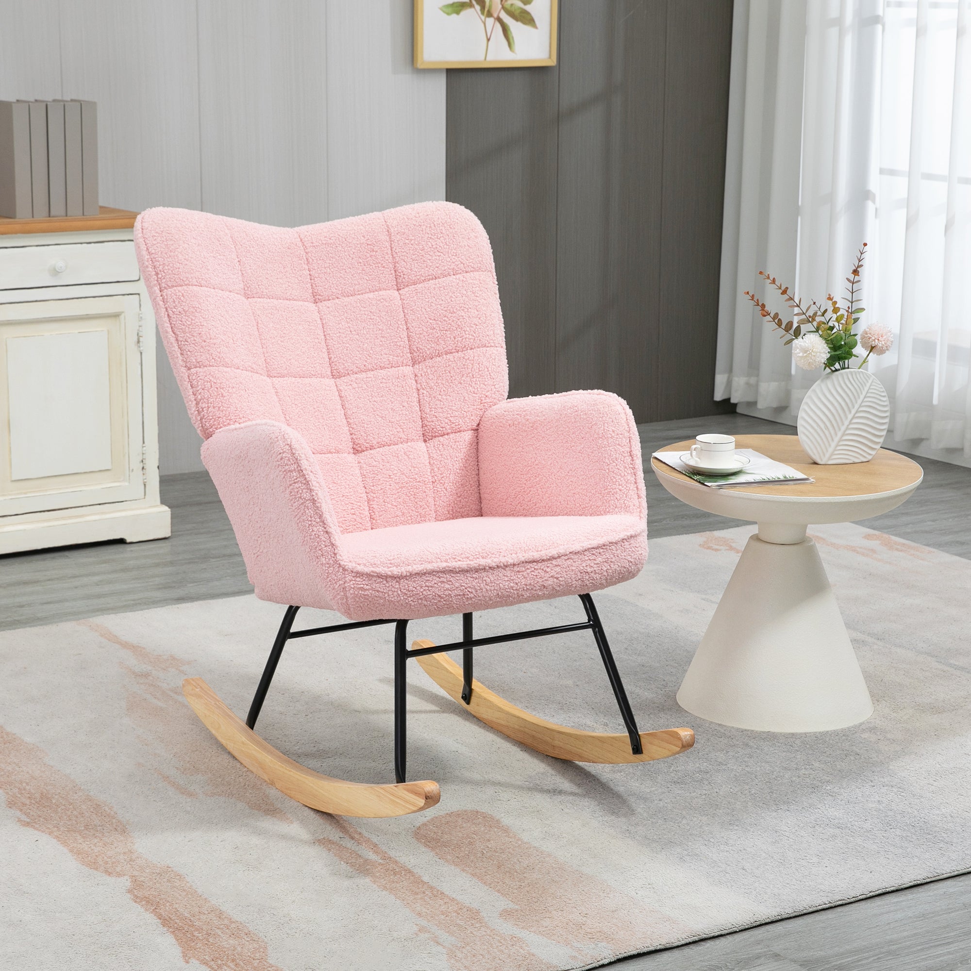 HOMCOM Schaukelstuhl im Retro-Design, Massivholz, Sessel, Relaxsessel, 98 cm x 71 cm x 101 cm, Rosa