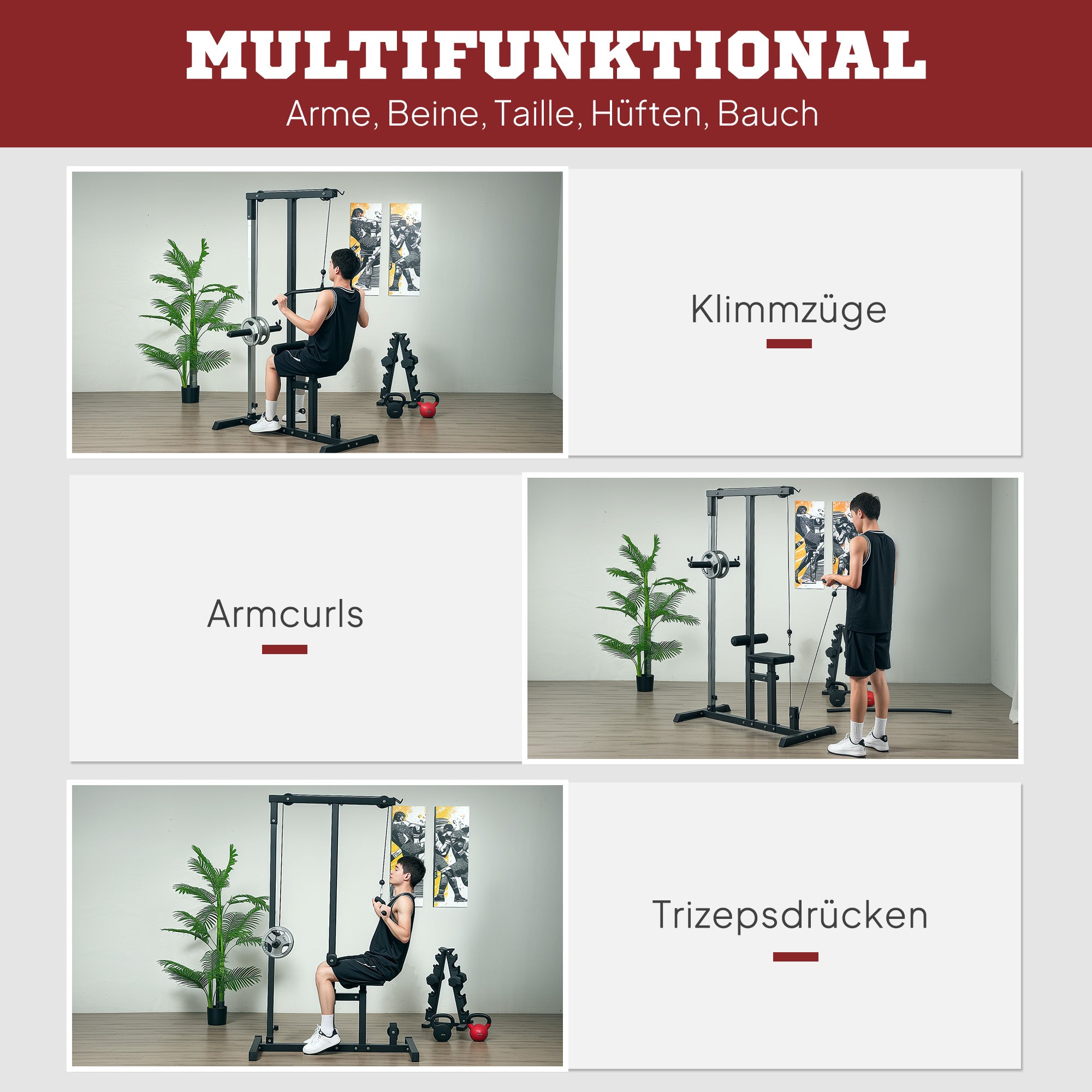 HOMCOM Kraftstation mit Riemenscheibe Sitz verstellbar und mehreren Kabelpositionen Stahl Schwarz 107 x 120 x 190 cm