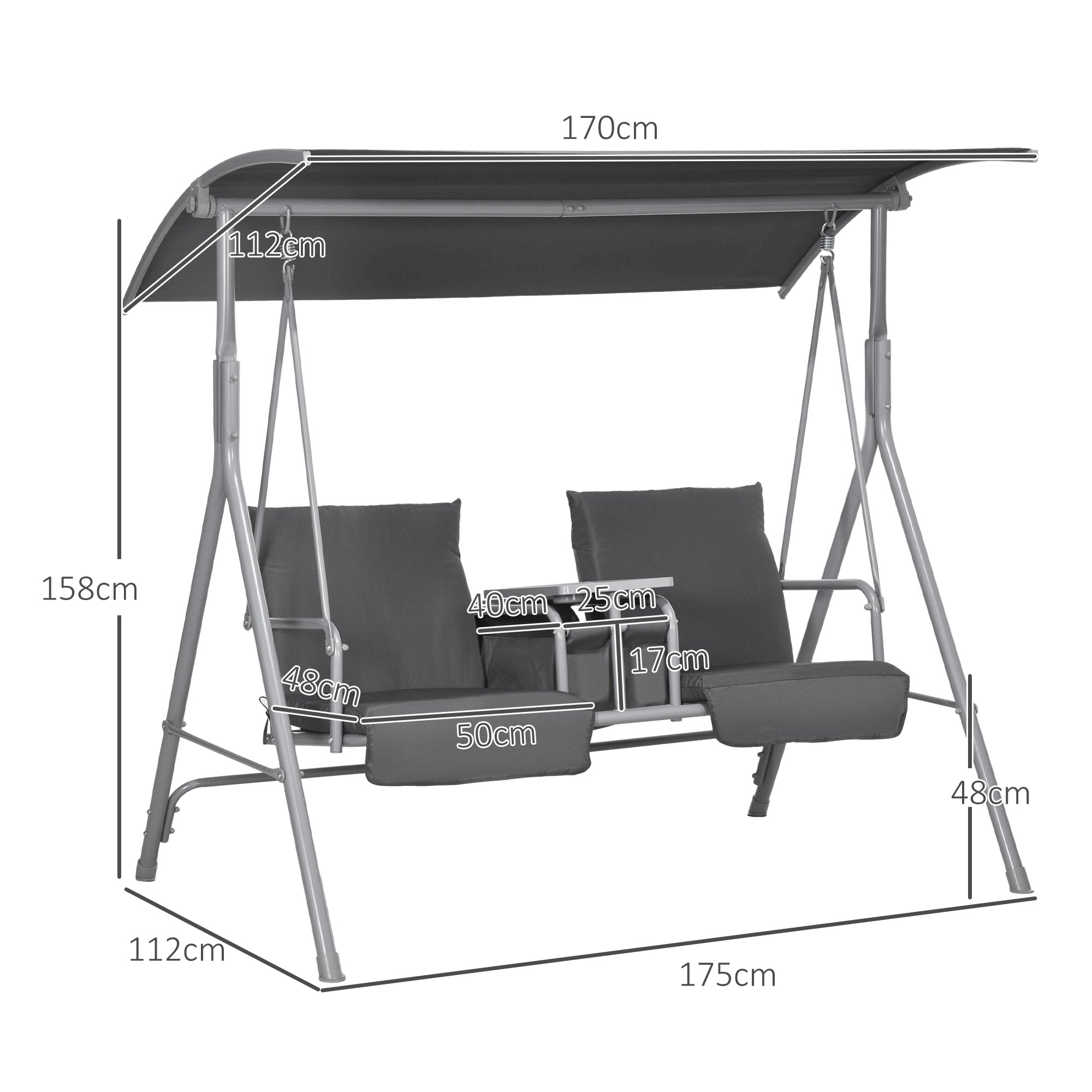 Outsunny Hollywoodschaukel, 2-Sitzer, mit Dach und Tisch, Metallrahmen, bis 180 kg, 175x110x165 cm, Schwarz