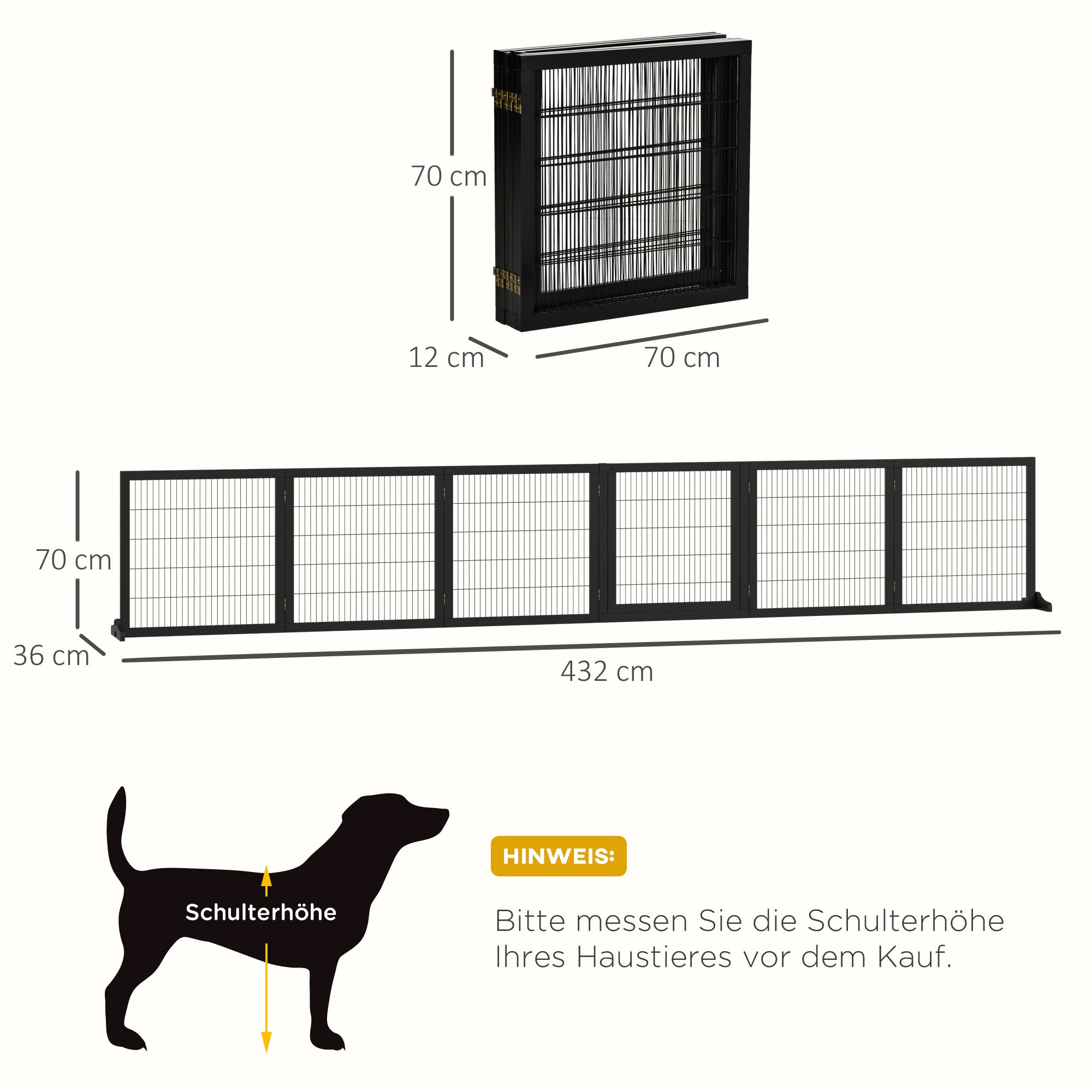 PawHut Absperrgitter für Hunde klappbar 432 x 36 x 70cm Kiefernholz Schwarz