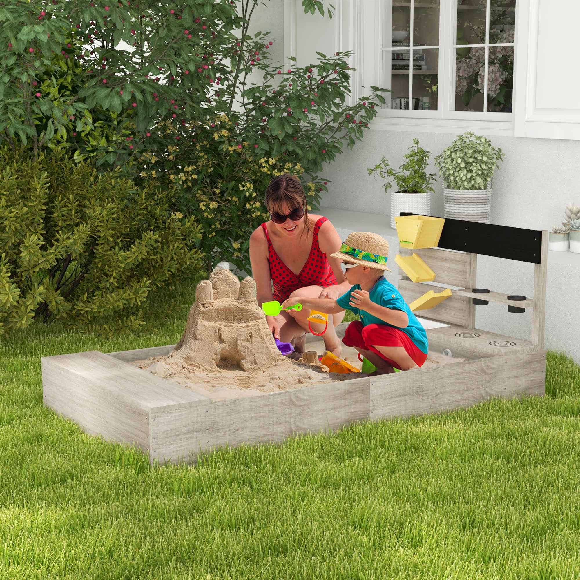 Outsunny Sandkasten mit Wasserstation, 2 Pflanzkästen, behandeltes Massivholz, 154 x 80 x 60cm, Grau