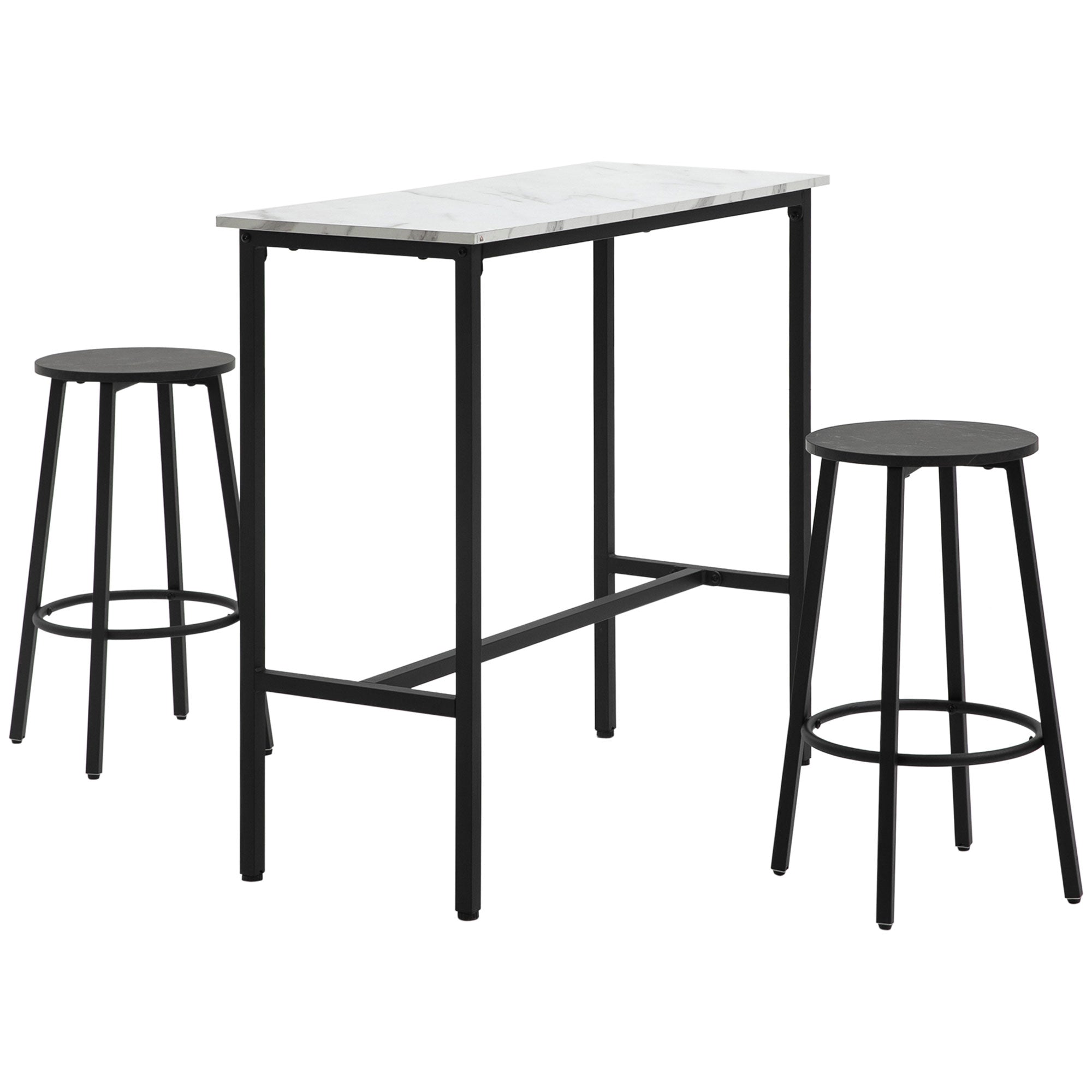HOMCOM Bar-Set für 2 Personen, 1 Tisch mit 2 Barhockern, Tischplatte in weißer Marmoroptik, Stahlrahmen