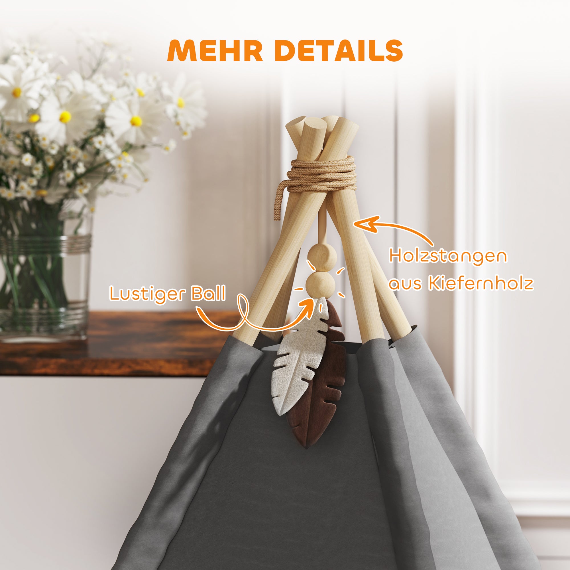 PawHut Tipi-Zelt für Haustiere, Tierbett im Tipi-Design, Katzenzelt mit Kissen, Hundebett zum Schlafen, Katzenbett, Grau