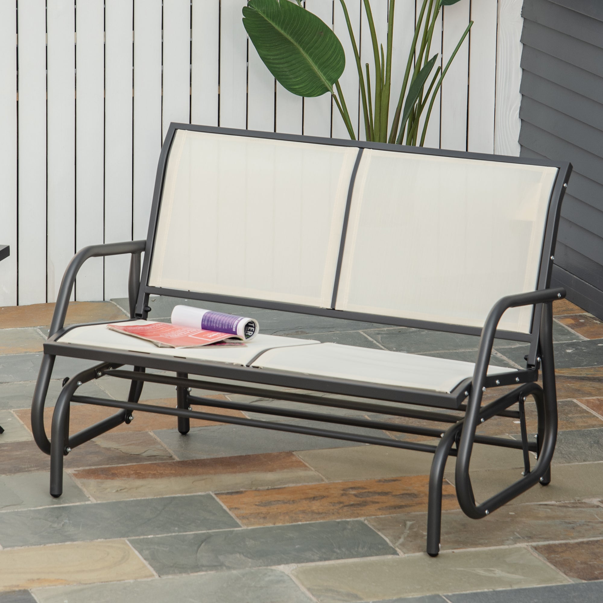 Outsunny 2-Sitzer Schaukelstuhl Gartenbank mit Schaukelmechanismus Gartenschaukel Sitzbank aus Metall Parkbank bis 200 kg belastbar Gartenmöbel für Garten, Terrasse, 120 x 70 x 85 cm Schwarz+Beige