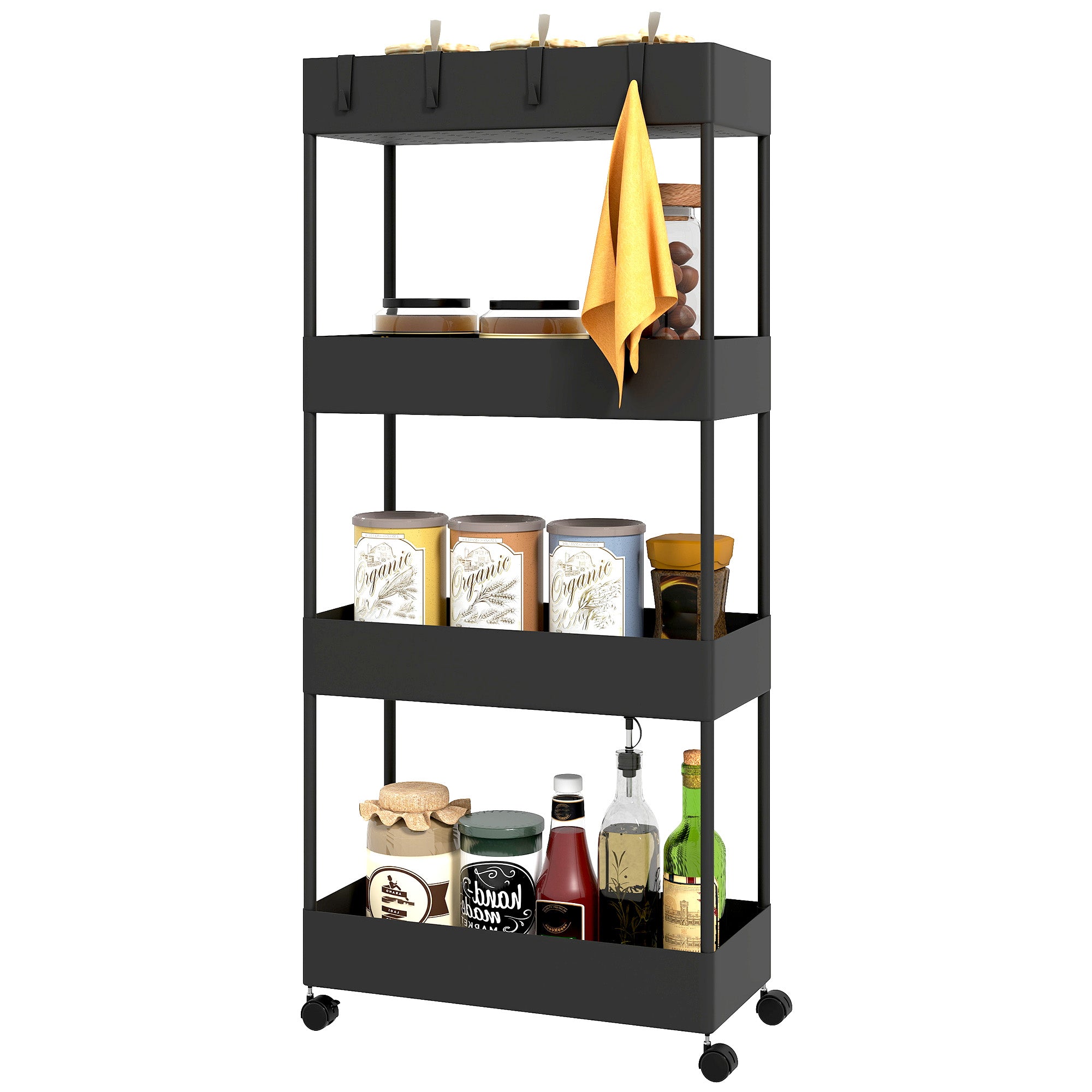 HOMCOM Küchenwagen mit 4 Regalen, 4 flexiblen Haken, 4 Rollen, 40 cm x 19 cm x 90 cm, Nischenwagen, Schwarz