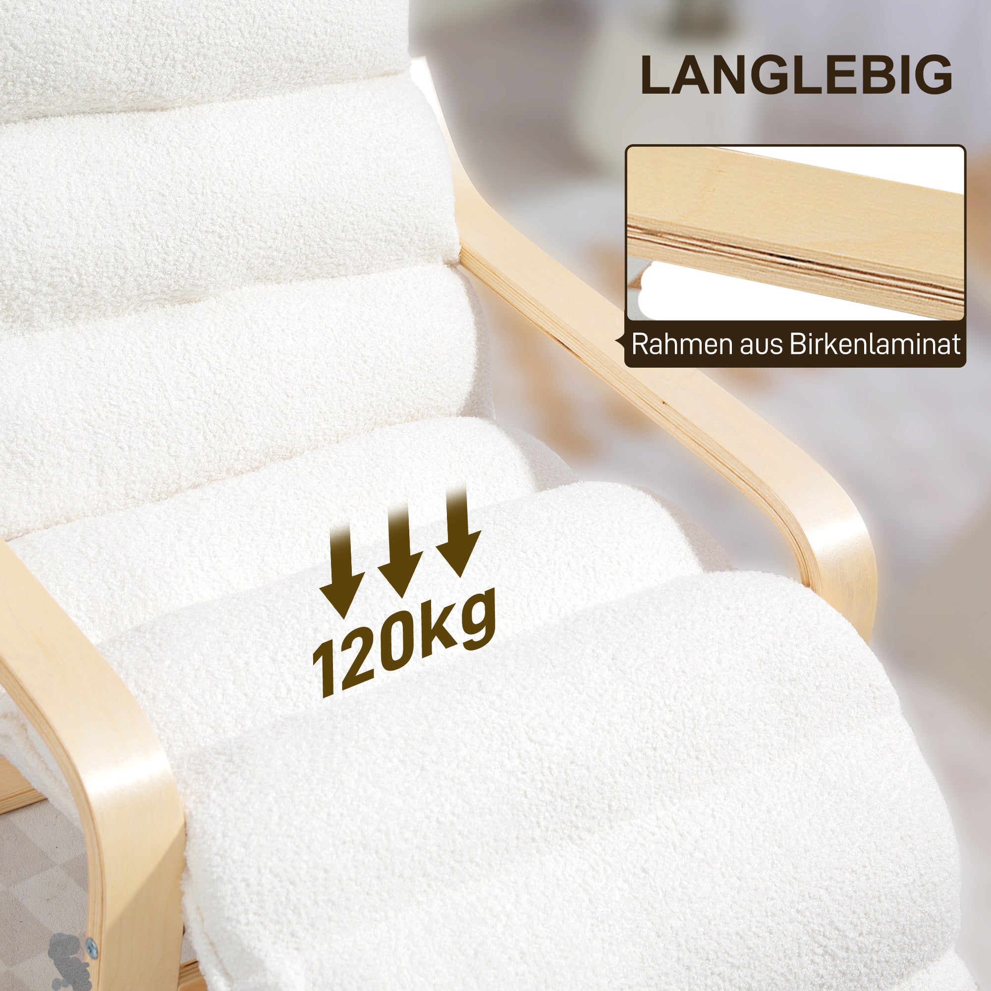 HOMCOM Lounge-Sessel aus Birkenholz, Polstersessel, verstellbare Fußstütze, Weiß