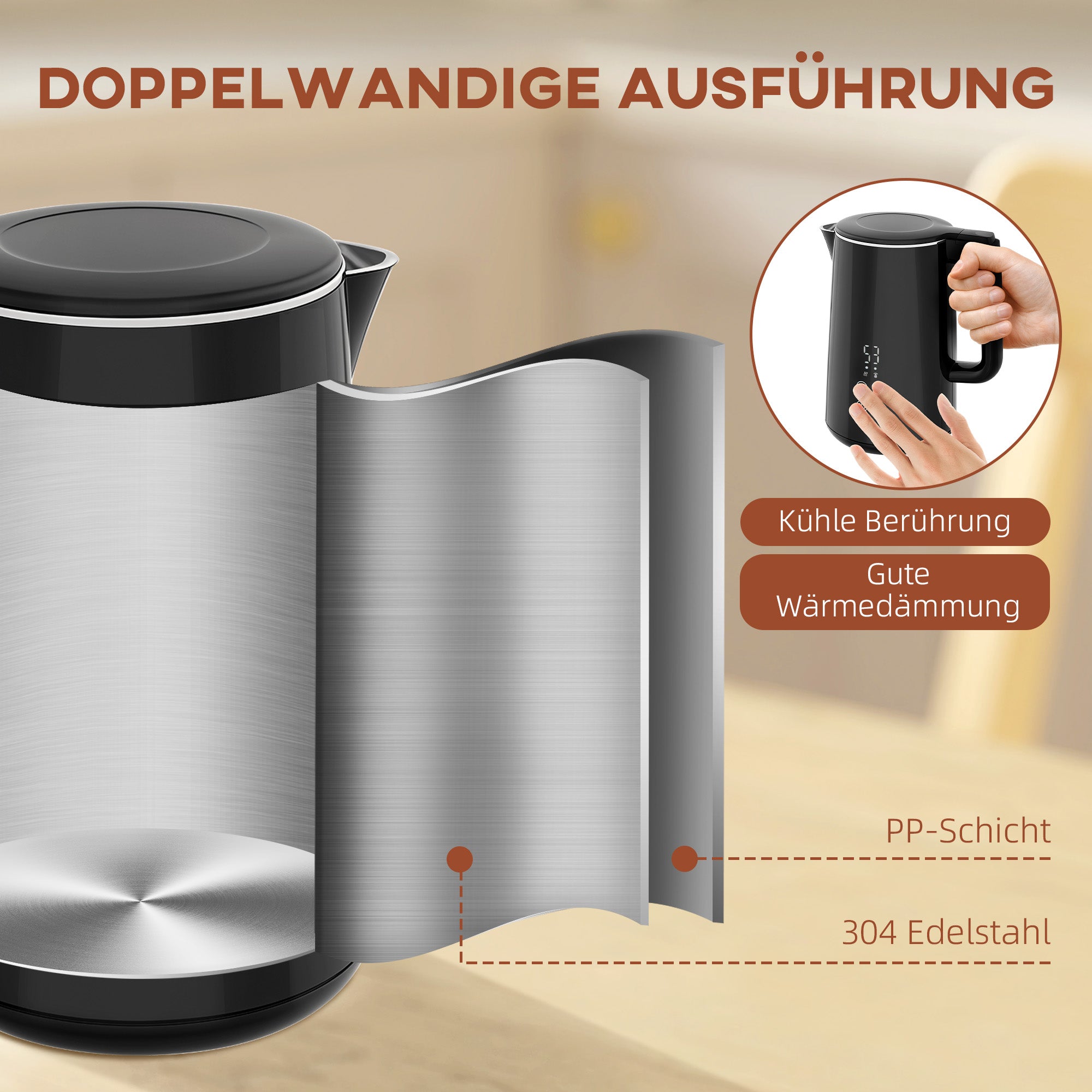 HOMCOM Küchenset mit Wasserkocher und Toaster, 7 Bräunungsstufen, schnelles Kochen, Edelstahl, Kunststoff, Schwarz