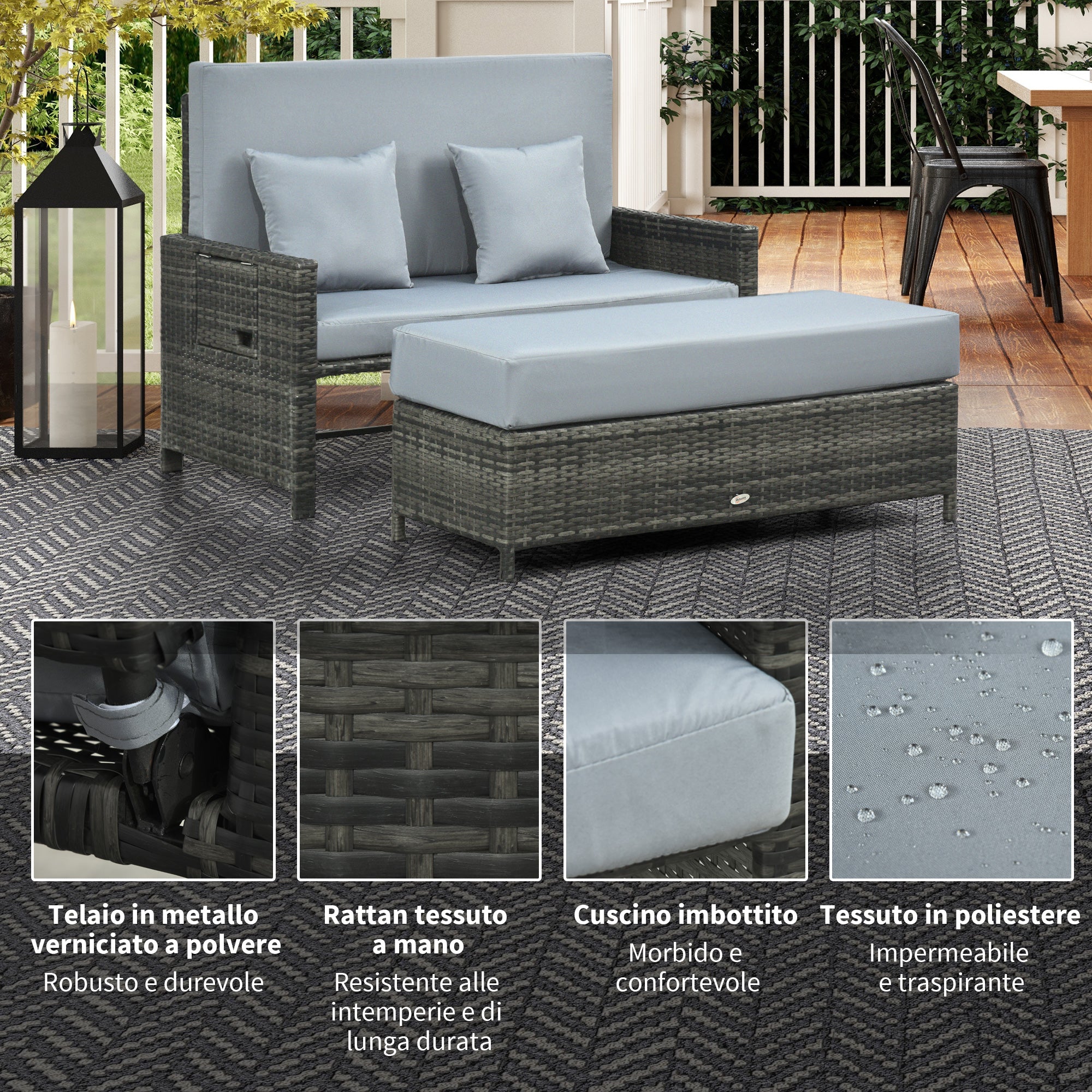Outsunny Gartensofa mit Liegefunktion, ausfahrbare Fußbank mit Stauraum, Sitzkissen, grau, 130 x 72 x 96 cm