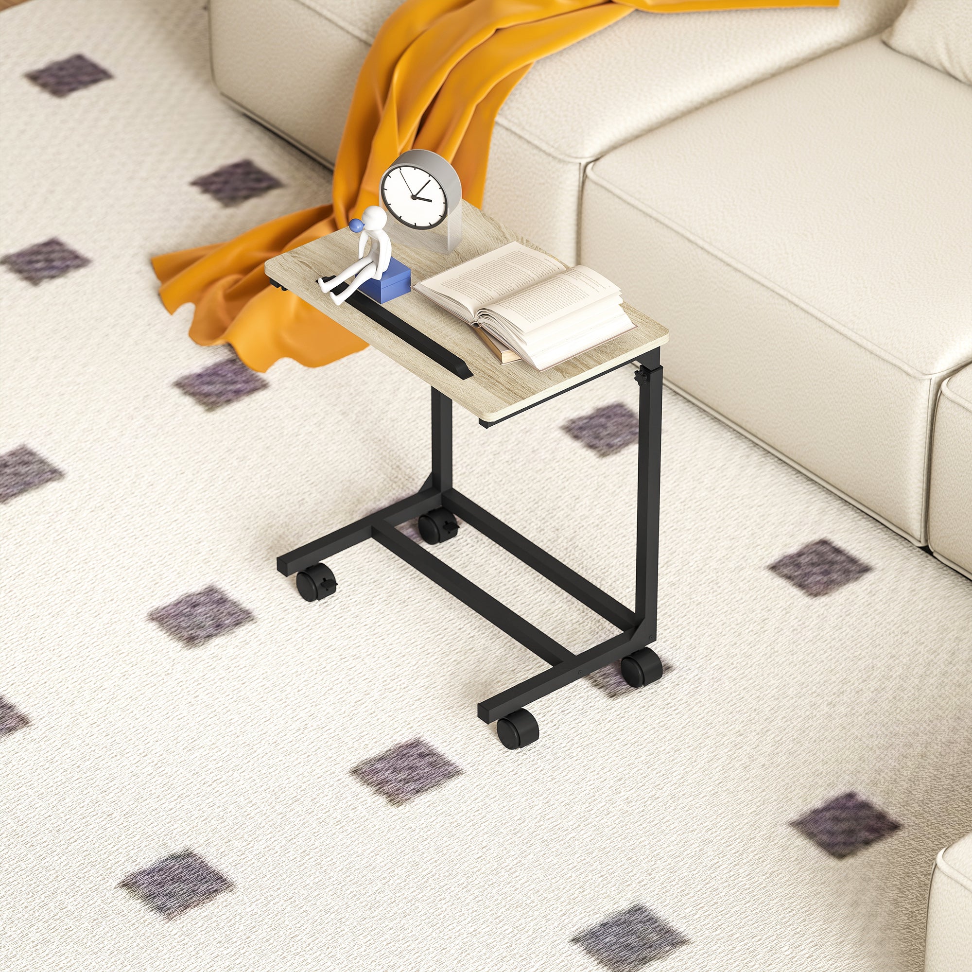 HOMCOM Beistelltisch, Schreibtisch, Nachttisch, höhenverstellbar, 4 Rollen, Metallrahmen